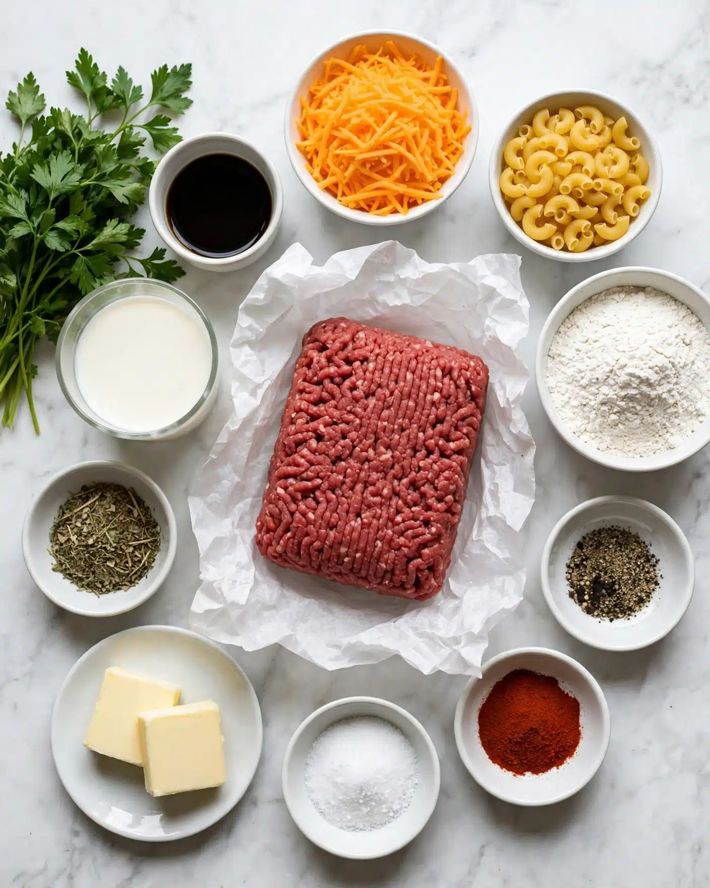 A collection of raw ingredients is arranged neatly on a white marbled surface. In the center, there is a block of red raw ground meat on crumpled white paper. Around it, there are several white bowls and small plates holding different items: bright orange shredded cheese, small yellow elbow macaroni, two pale yellow square pats of butter on a small white plate, and small bowls of white flour, black pepper, red spice, white granular seasoning, and dried herbs. There is also a bunch of green parsley on the left side, a cup of dark liquid, and a transparent cup with white milk. The colors and textures range from creamy, powdery, leafy, soft, and dry, arranged in a visually balanced way. Photo taken with an iphone --ar 4:5 --v 7