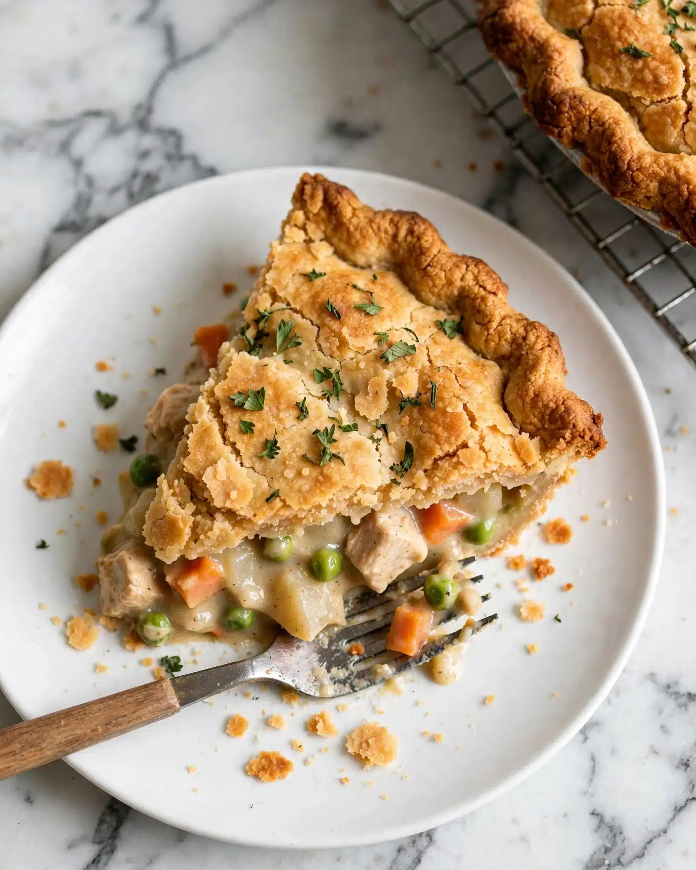 Easy Chicken Pot Pie Recipe 5 A white plate holds a single slice of golden-brown pie with a flaky top crust that is thick and textured, sprinkled with small green herb leaves on top. The slice reveals a creamy filling inside that has soft pieces of carrot orange, pea green, and chunks of light beige, indicating a mixed vegetable or chicken filling in smooth sauce. The crust is slightly crumbly with pieces broken off and scattered around on the plate. A fork with a wooden handle rests under the pie slice, with some filling and crust on its prongs. The background has a white marbled texture and a cooling rack with the rest of the pie is visible near the top right corner. Photo taken with an iphone --ar 4:5 --v 7