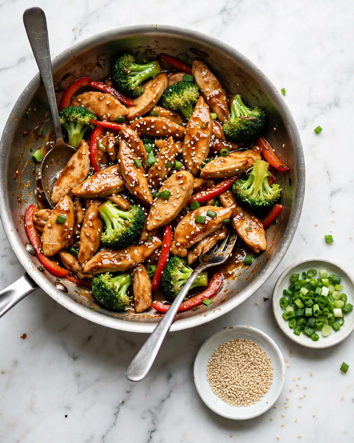 A metal pan filled with stir-fried chicken slices, bright green broccoli florets, and thin red bell pepper strips, all coated in a shiny brown sauce. The dish is sprinkled with white sesame seeds and small pieces of chopped green onions, some placed on top and some scattered throughout. Two metal utensils rest inside the pan, one leaning on the edge and the other slightly submerged in the food. Next to the pan are two small round dishes, one with beige sesame seeds and the other with more chopped green onions, all set on a white marbled surface photo taken with an iphone --ar 4:5 --v 7