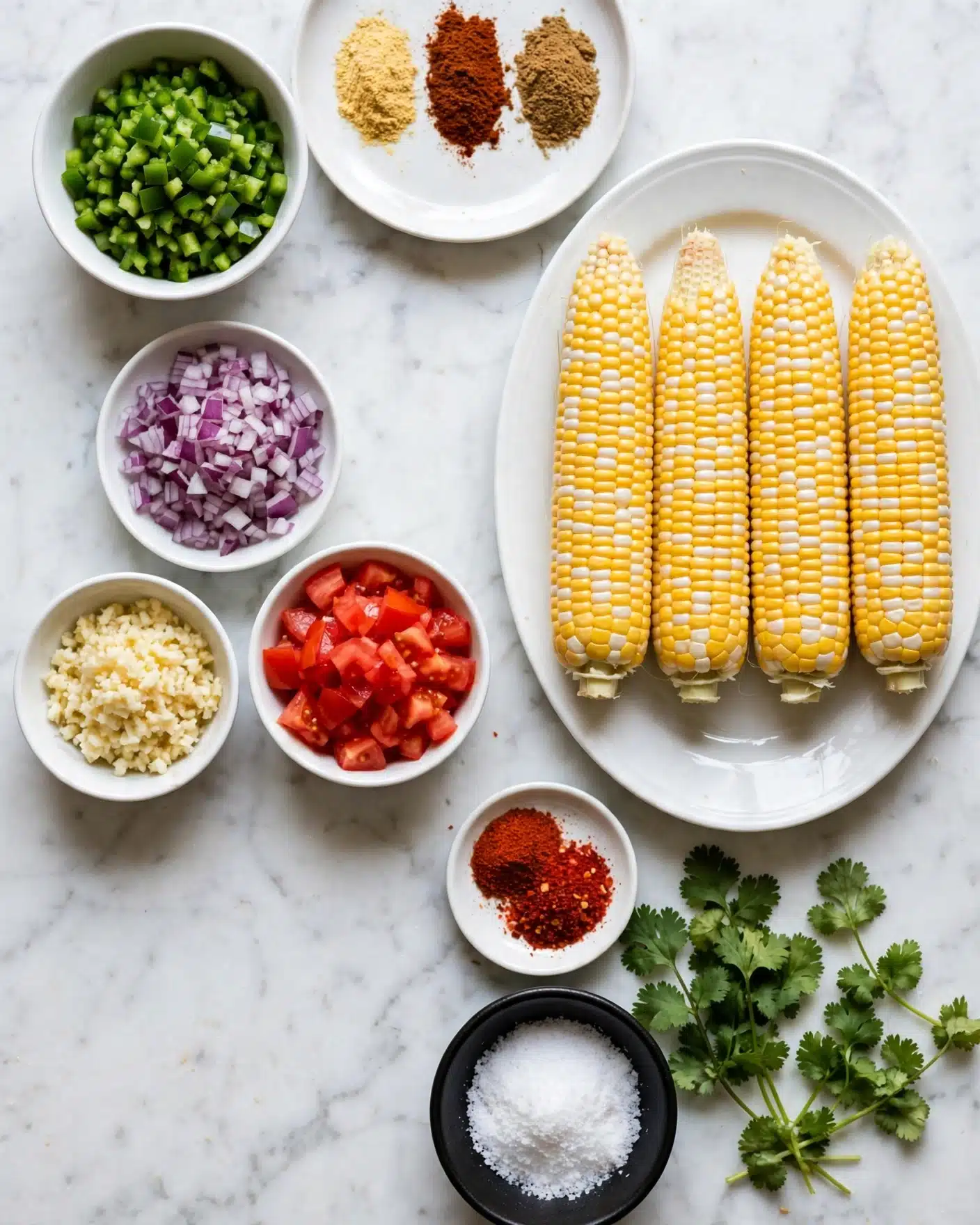 Four yellow and white corn cobs lie side by side on a white oval plate on the right side of the image. Around the plate on a white marbled surface are several small white bowls and dishes: at the top a bowl with chopped green peppers, next to it a shallow white dish holding three different ground spices in small piles, below the peppers a bowl of finely chopped purple onions, below that a small bowl with crushed garlic, and beside that a round bowl filled with bright red chopped tomatoes. Near the bottom right corner, there is a small dish with a red spice, and a larger black bowl of white salt sits near fresh green cilantro leaves. Photo taken with an iphone --ar 4:5 --v 7