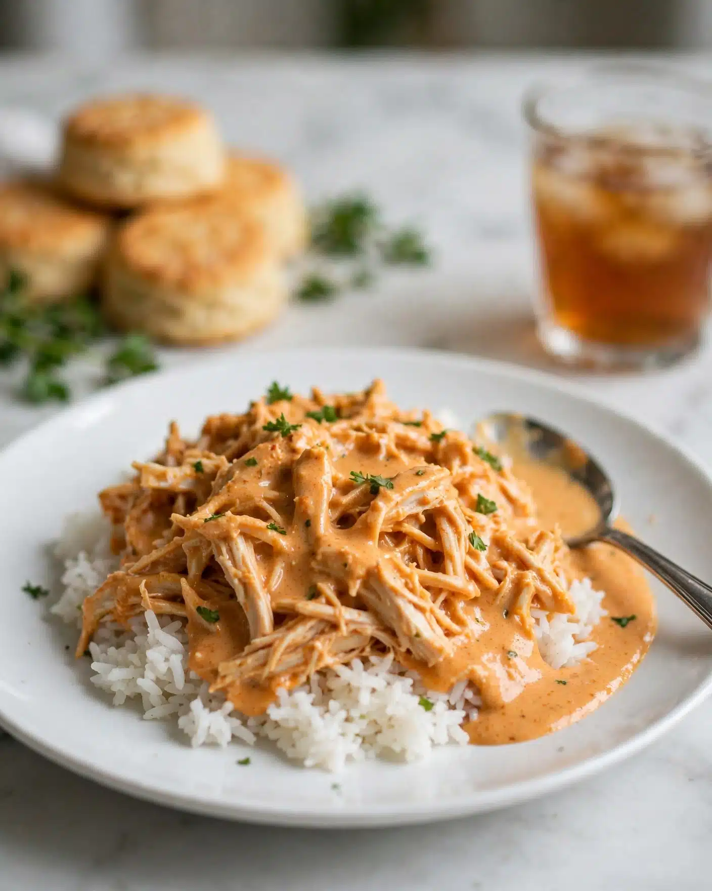 A white plate holds a serving of white rice as the base layer, topped with shredded light tan chicken covered in a creamy orange sauce, scattered with small green parsley bits. A silver spoon rests on the right side of the plate, partially in the sauce. In the blurred background, there are round golden biscuits and some green herbs on a white marbled surface, with a glass of amber liquid nearby. Photo taken with an iphone --ar 4:5 --v 7