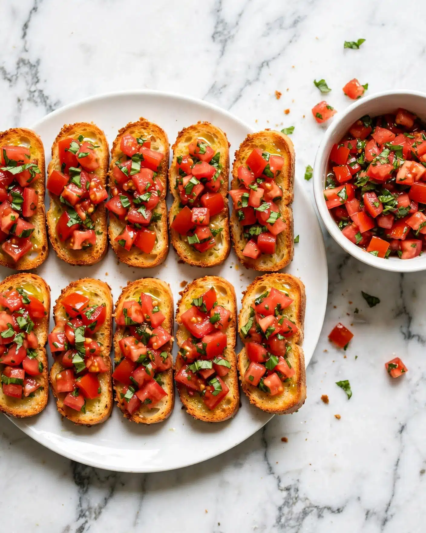Bruschetta with Fresh Tomato and Basil Recipe 5 A white plate holds ten pieces of toasted bread slices, each topped with a layer of fresh, diced red tomatoes mixed with chopped green basil leaves. The bread is golden brown and crispy, with oil lightly glistening on the surface. The diced tomato topping shows a juicy texture with bits of green basil scattered evenly. To the right side of the image, there is a white bowl with more of the tomato and basil mixture inside. The background is a white marbled texture. photo taken with an iphone --ar 4:5 --v 7