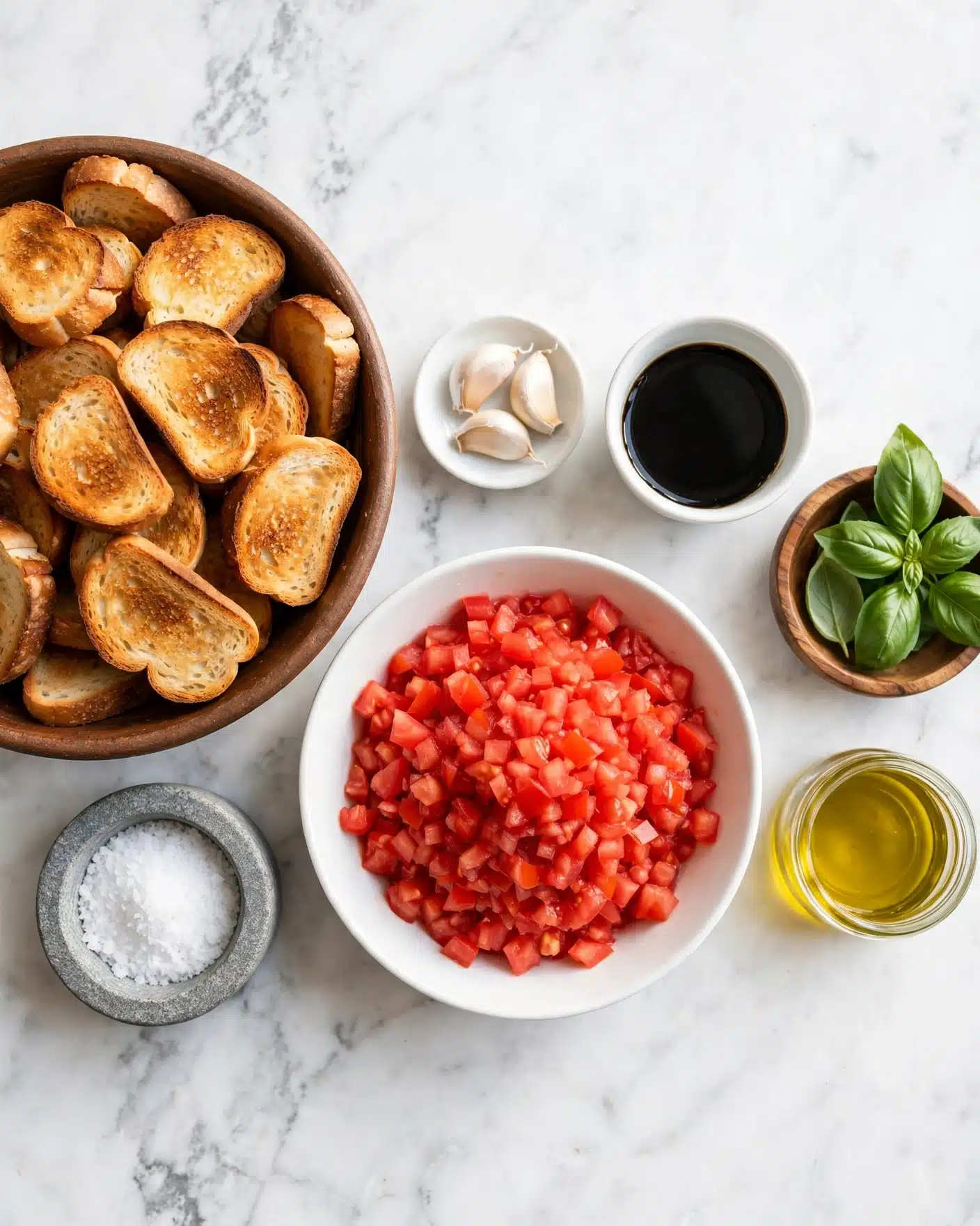 Bruschetta with Fresh Tomato and Basil Recipe 4 The image shows several white dishes and containers arranged on a white marbled surface. On the left, there is a large brown bowl filled with many slices of toasted bread, golden brown with a crispy texture. In the center, a white bowl holds a large pile of bright red, finely chopped tomatoes. Above the tomato bowl, a small white dish contains three whole garlic cloves, and next to it, a white cup is filled with a dark, almost black liquid, likely balsamic vinegar. To the right of the dark liquid, a small wooden bowl contains several fresh green basil leaves. Below the wooden bowl, there is a small clear glass container with golden olive oil. Next to the bowl of bread, a small gray stone container holds coarse white salt. All items are neatly placed on the clean white marbled surface, creating a simple and fresh look. photo taken with an iphone --ar 4:5 --v 7