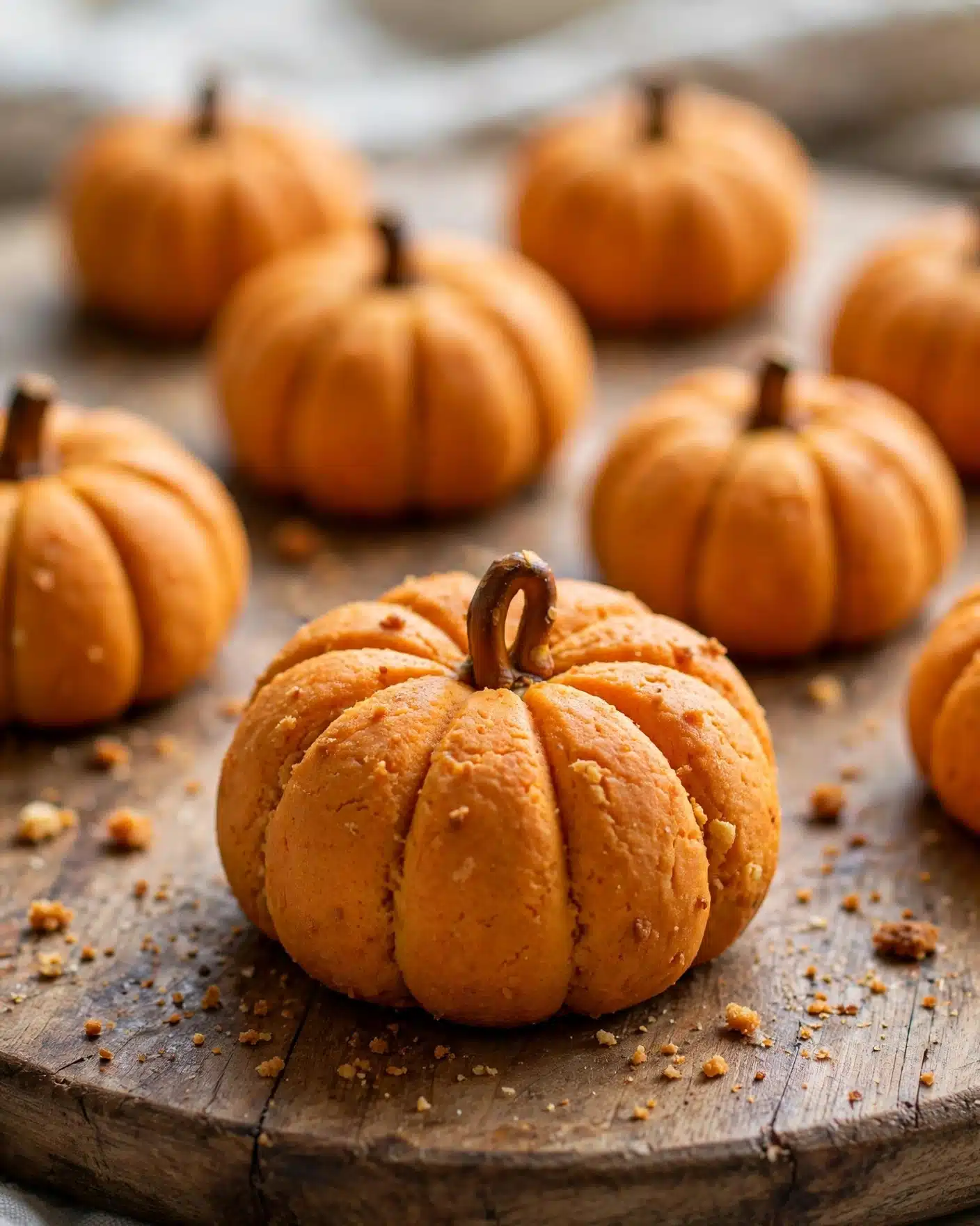 Mini Pumpkin Shaped Cookies Recipe 5 Small pumpkin-shaped cookies are arranged on a round wooden board with visible grain texture. Each cookie is golden brown in color with defined vertical ridges creating a pumpkin shape. A small, dark brown curved pretzel piece is placed at the top of each cookie, mimicking a pumpkin stem. The cookies vary slightly in size and are spaced evenly across the board. The background is a white marbled texture. Photo taken with an iphone --ar 4:5 --v 7