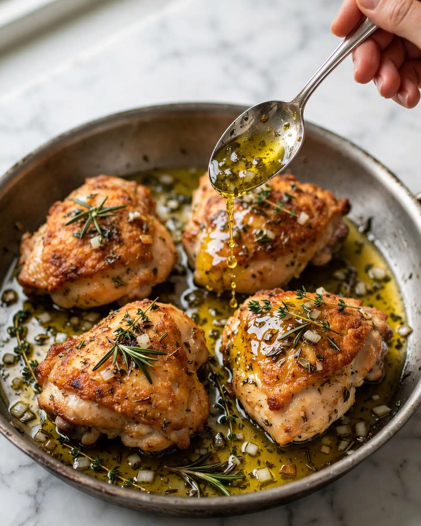 The image shows four golden-brown cooked chicken pieces in a round metal pan. The chicken pieces have a crispy texture with some herbs and small onion pieces spread on them and in the cooking oil around them. A silver spoon is held by a woman's hand, pouring glossy, herb-filled oil over one of the chicken pieces. The colors are warm with browns, greens from herbs, and yellow from the oil. The background is a white marbled texture. photo taken with an iphone --ar 4:5 --v 7