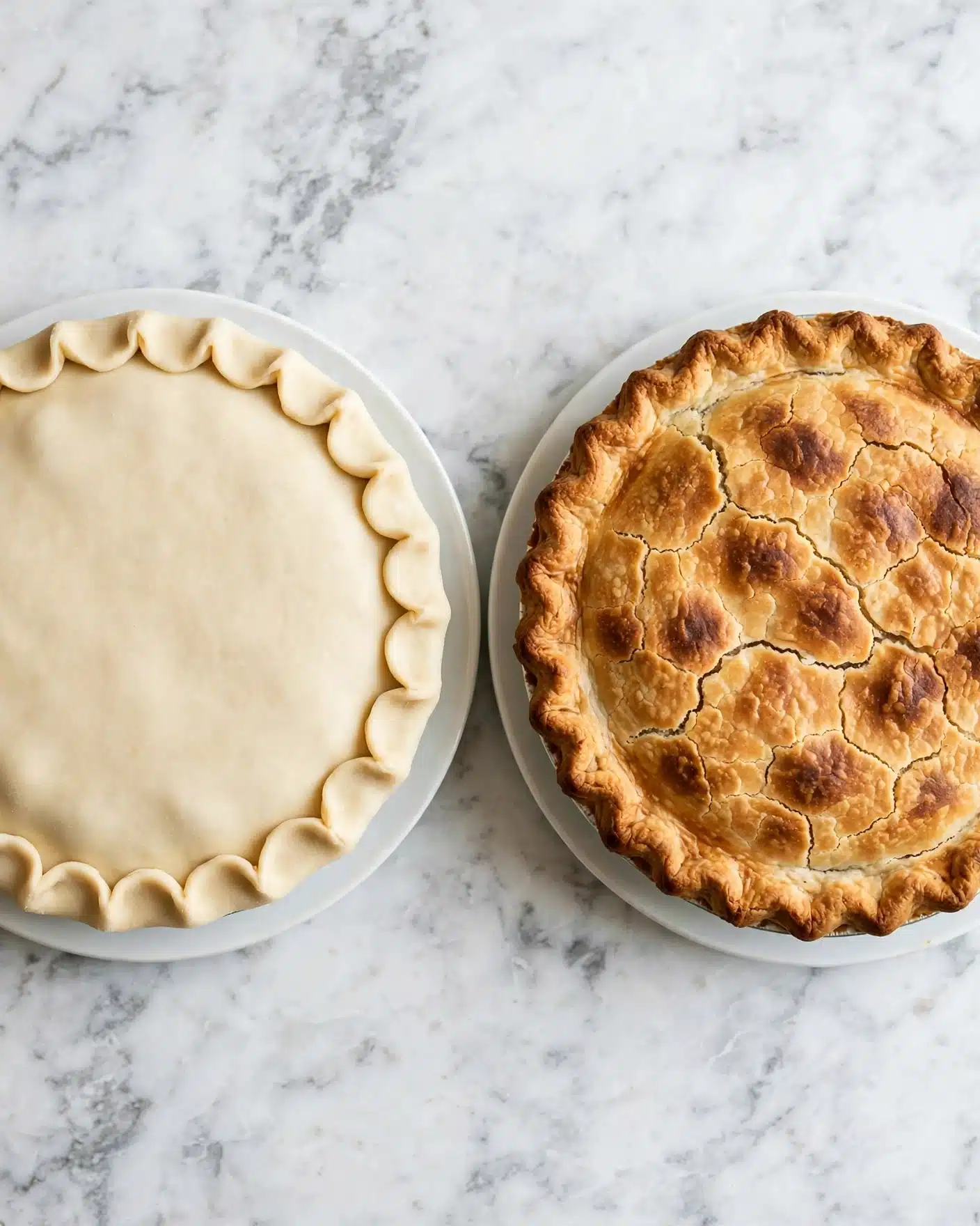 Homemade Chicken Pot Pie Recipe 5 The image shows two pies side by side on a white marbled surface. On the left is an uncooked pie with a smooth, pale dough top layer, crimped edges neatly folded around the pie's white plate. On the right is a baked pie with a golden brown crust that has a slightly cracked texture and some darker brown spots on the surface. The crust edges are thick and also crimped, showing a deeper golden color. Both pies have a round shape, sitting flat on their white plates, with soft natural lighting highlighting the crust details. Photo taken with an iphone --ar 4:5 --v 7