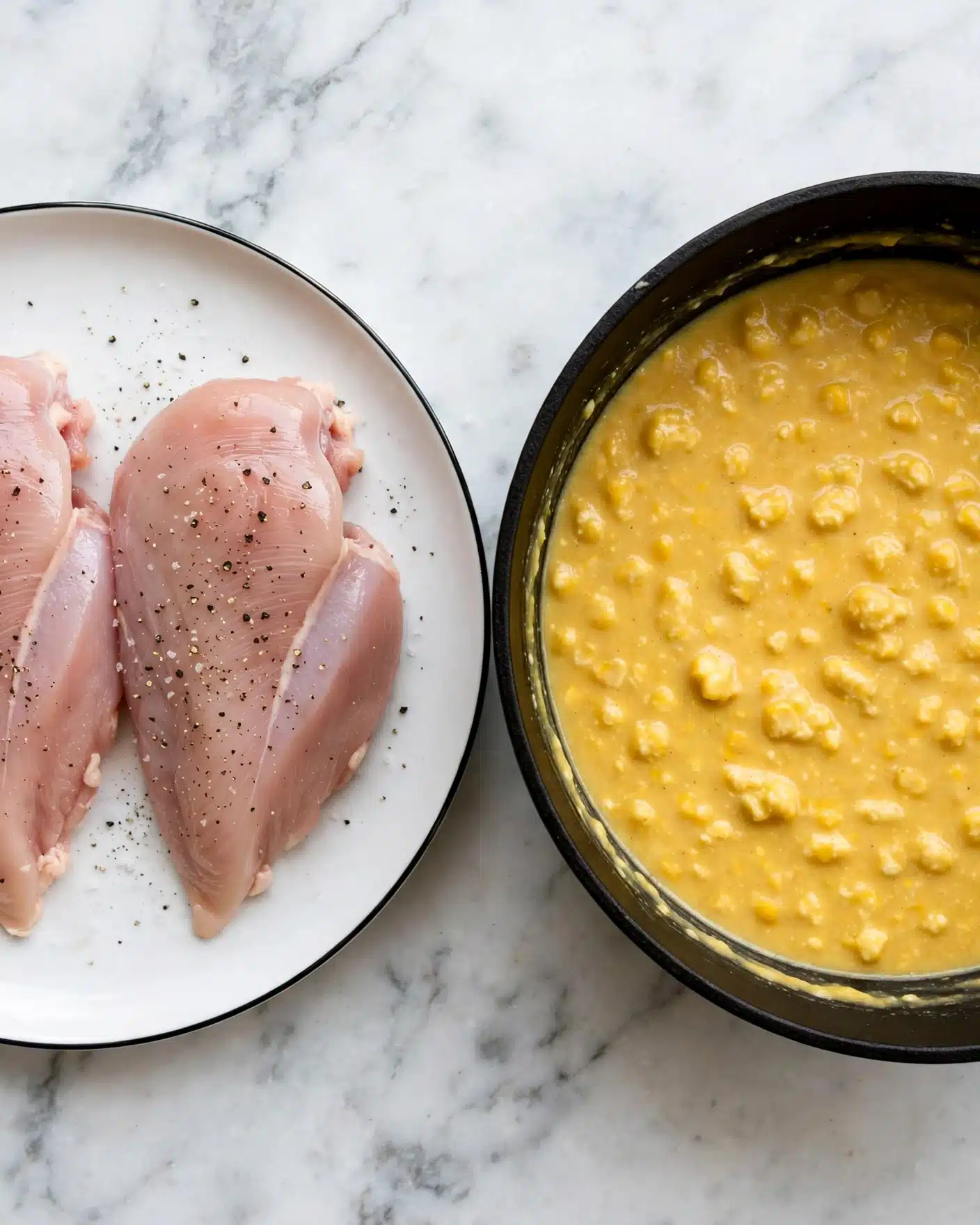 The image shows two parts: on the left, there are two raw chicken pieces on a white plate with a thin black rim, placed on a wooden surface replaced by a white marbled texture; the chicken pieces are light pink with a sprinkling of black pepper and salt. On the right, there is a black pot filled with a smooth, thick, yellow mixture that looks like sauce or soup with small lumps on the surface, also set on a white marbled texture. The colors are natural and the lighting highlights the textures of both the chicken and the sauce. photo taken with an iphone --ar 4:5 --v 7