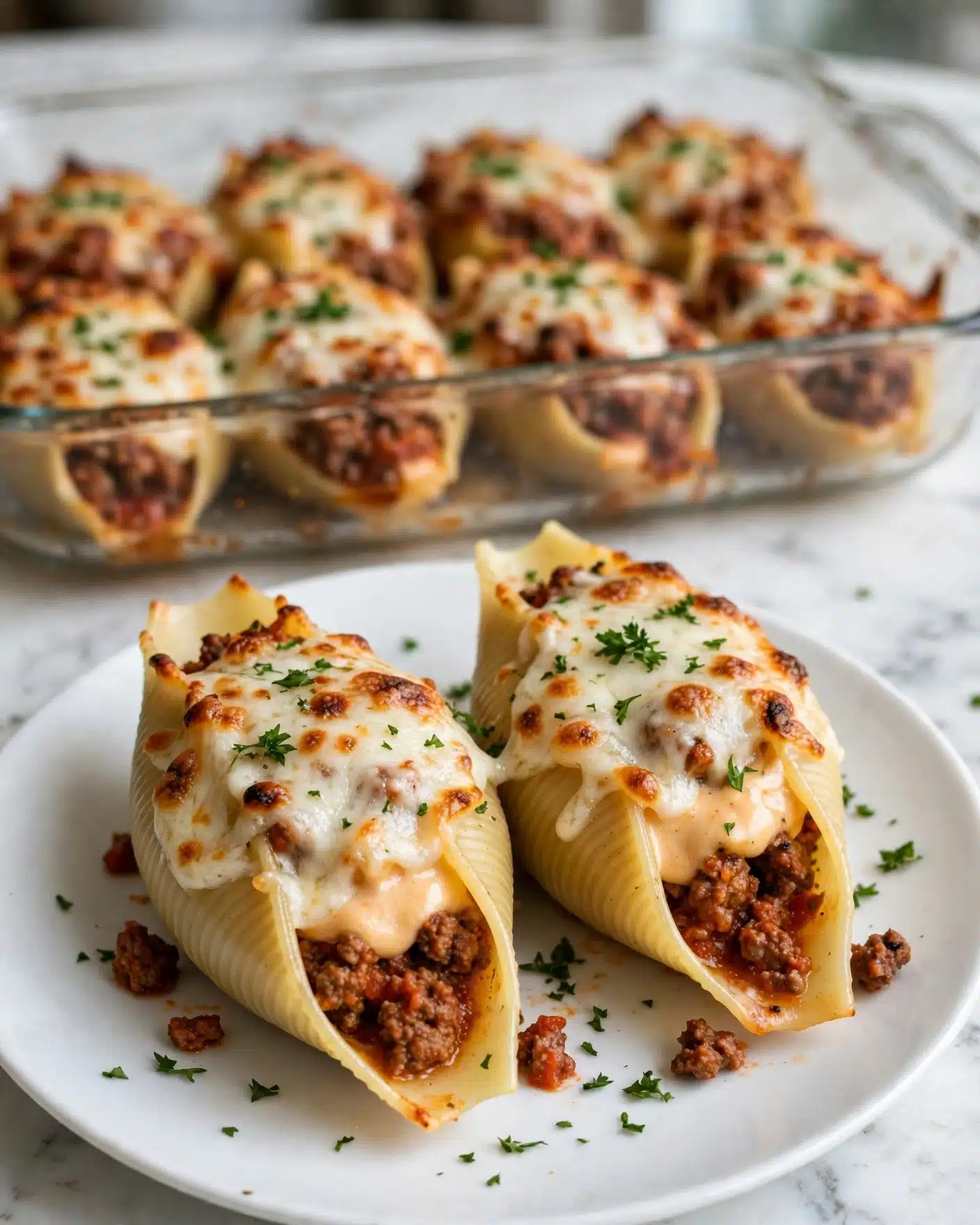 Baked Stuffed Shells Recipe 5 The image shows two stuffed pasta shells on a white plate with a white marbled background. Each shell has three main layers: the bottom layer is cooked pasta with a pale golden color, filled with ground meat mixed with tomato sauce, giving it a rich brown and reddish tone; the middle layer inside the shells appears to have a cheesy, creamy texture in light orange; the top layer is melted cheese in white with some browned spots, slightly stringy and bubbly. The shells are garnished with small bits of fresh green parsley sprinkled over the top and around the plate. In the background, there is a clear glass baking dish with more pasta shells covered with the same layers of meat sauce and melted cheese. Photo taken with an iphone --ar 4:5 --v 7