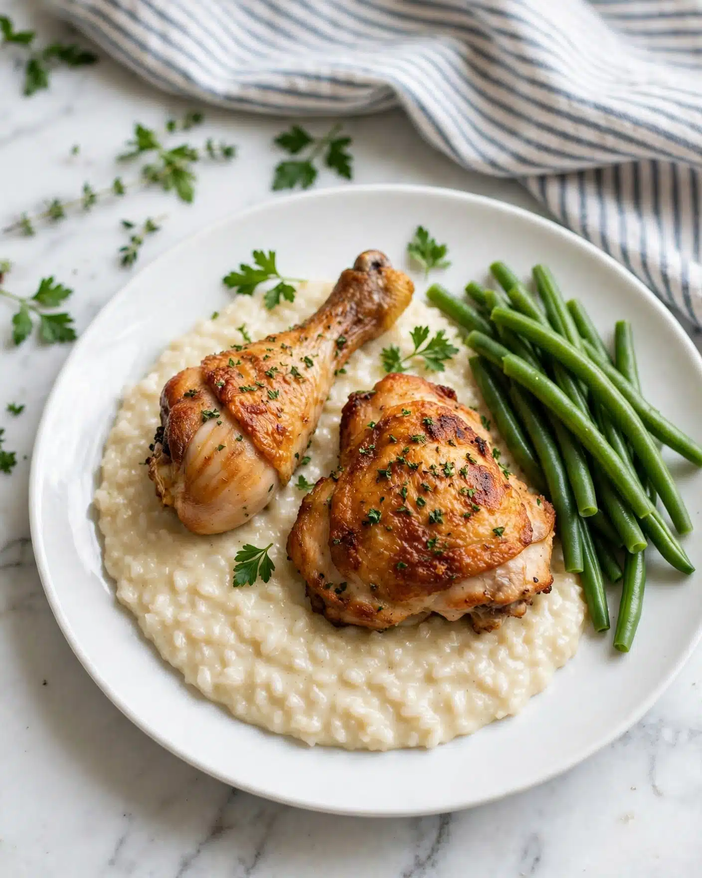 A white plate holds a dish with three main layers: the bottom layer is creamy, light-colored risotto with a soft texture, spread evenly across the plate. On top of the risotto, there are two pieces of golden-brown, crispy roasted chicken—one drumstick and one thigh—both sprinkled with small green herb bits. To the right side of the plate, there is a neat pile of bright green, tender steamed green beans. A few sprigs of fresh parsley garnish the dish, adding more green color. The background features a white marbled surface with some green leafy herbs and a striped cloth in the background. Photo taken with an iphone --ar 4:5 --v 7