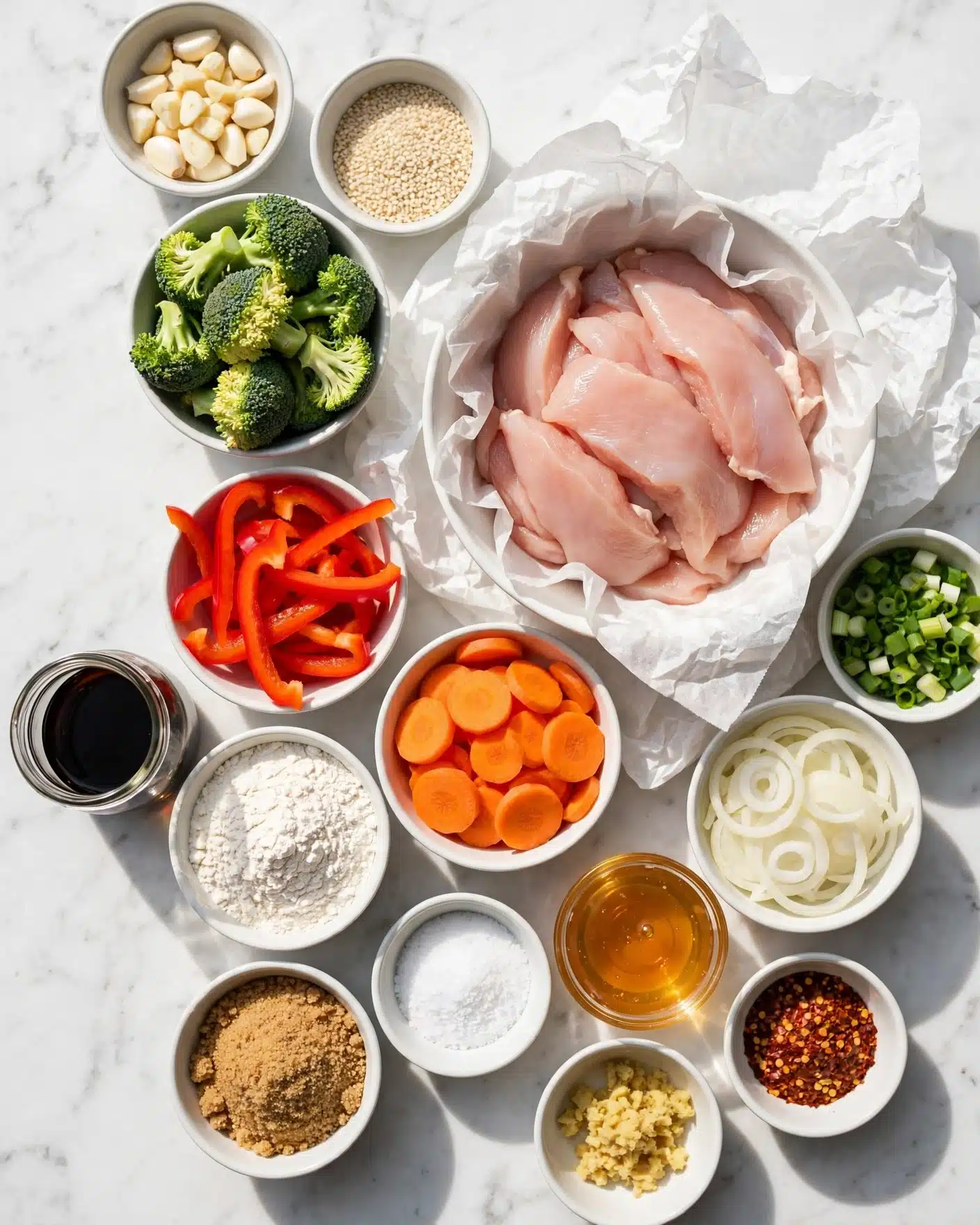 A white bowl filled with light pink raw chicken slices sits near the center-right, resting on crumpled white parchment paper. Around it are various small white bowls holding vibrant ingredients: bright orange carrot slices below the chicken, thin red bell pepper strips to the left, and fresh green broccoli florets above the peppers. At the top left is a small bowl of garlic pieces, next to it a bowl of sesame seeds. Dark soy sauce in a glass container is near the bottom left, beside a bowl of white flour. There are also bowls of light brown sugar, salt, honey, thinly sliced white onions, minced ginger, chopped green onions, and red chili flakes arranged around the main ingredients. Everything is set on a white marbled surface, photo taken with an iphone --ar 4:5 --v 7
