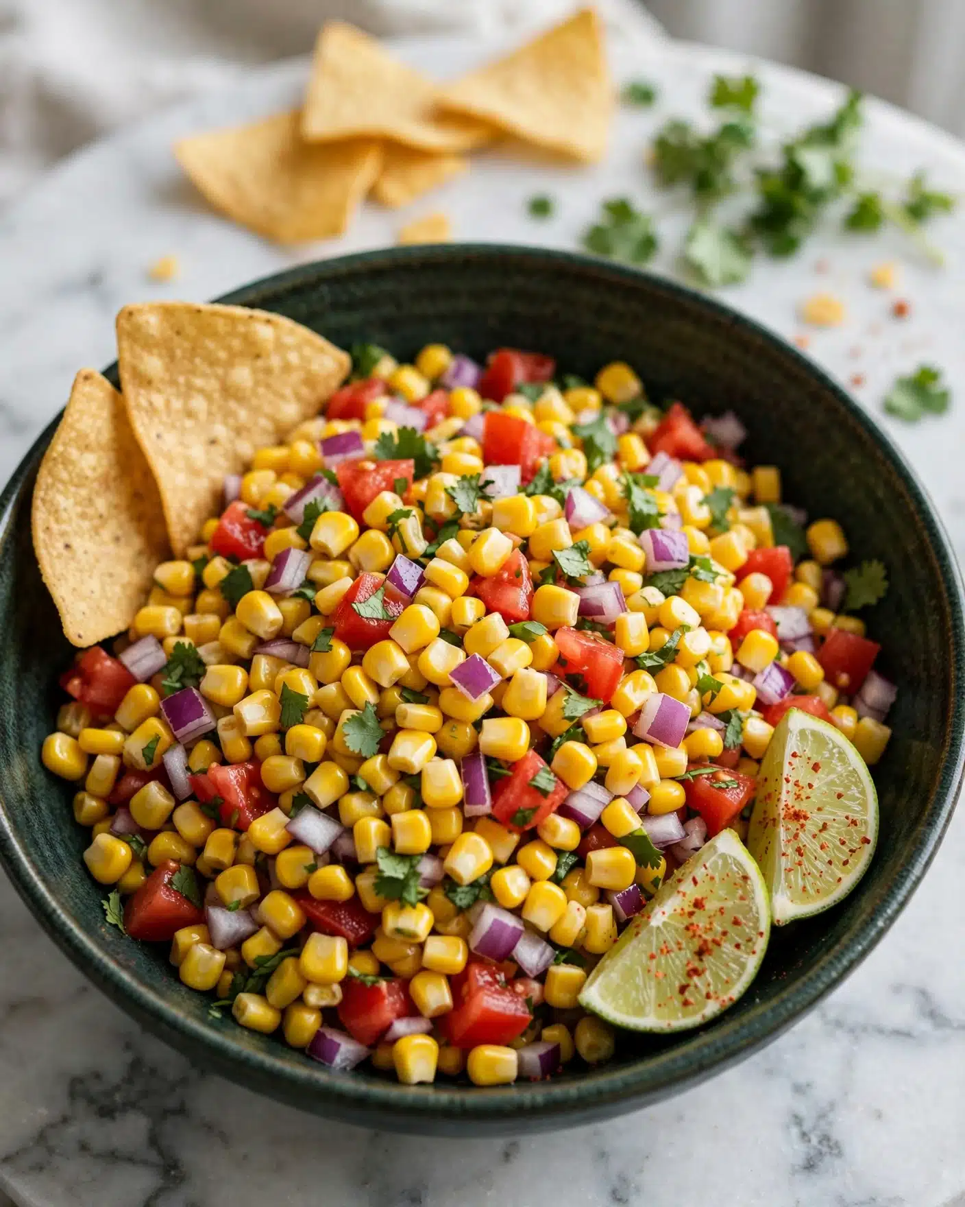 A large dark green bowl is filled with a colorful corn salad made of bright yellow corn kernels, small diced red tomatoes, finely chopped purple onions, and bits of green cilantro scattered throughout. Two golden tortilla chips rest on the left side of the bowl, tucked into the salad. On the bottom right side inside the bowl, there are two lime wedges with a sprinkle of red seasoning on them. The bowl is set on a white marbled surface, with some tortilla chips and cilantro in the background, all under soft natural light. photo taken with an iphone --ar 4:5 --v 7