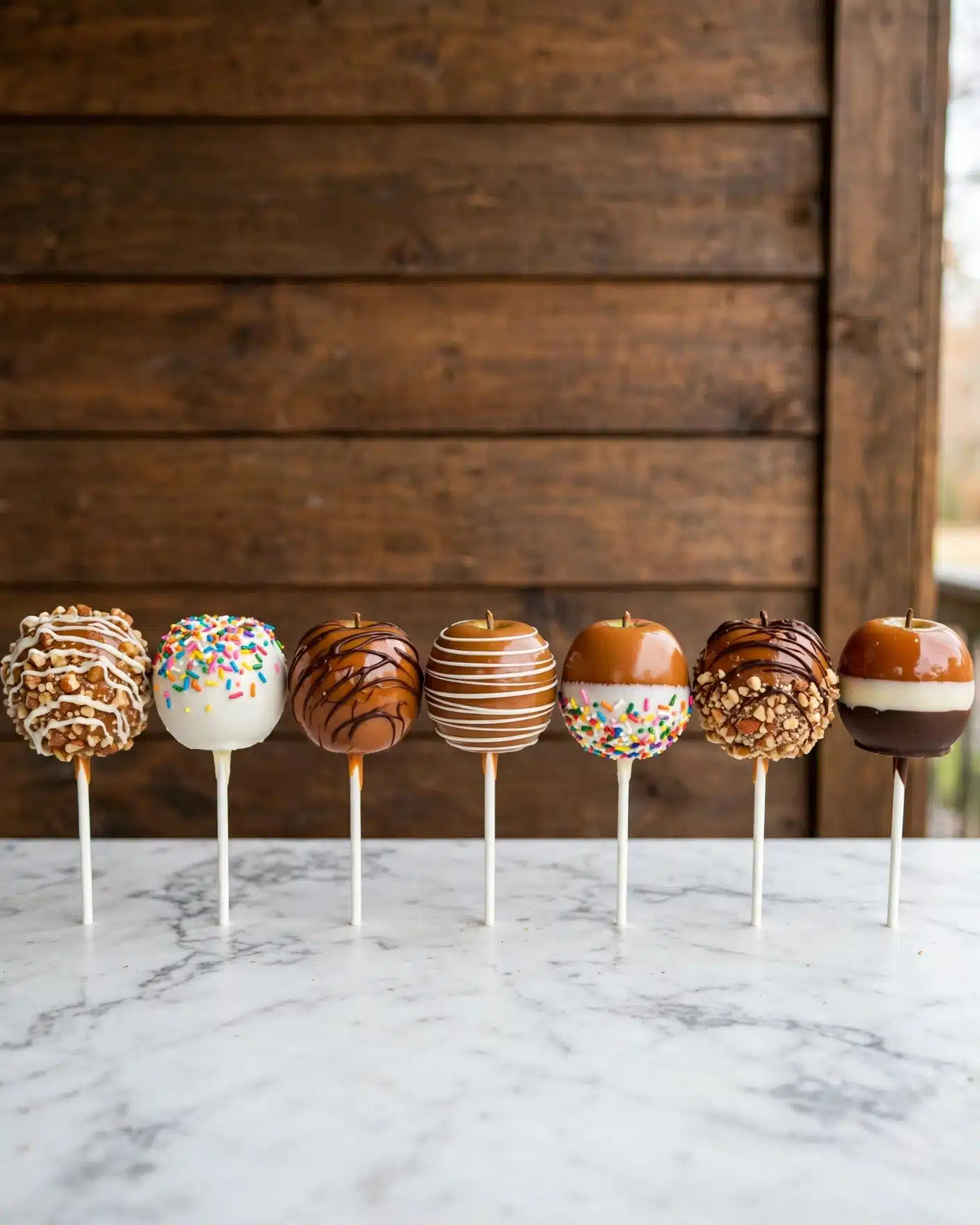 Easy Caramel Apples Recipe 5 Seven caramel apples are lined up against a brown wooden background on a white marbled surface, each on a white stick. From left to right: the first apple is covered in chopped nuts and drizzled with white chocolate; the second is dipped in white chocolate with colorful sprinkles on top; the third has a smooth caramel coating with dark chocolate random lines; the fourth apple is caramel with white chocolate thin lines wrapped horizontally; the fifth is half dipped in white chocolate with colorful sprinkles; the sixth apple has a chopped nut coating topped with dark chocolate drizzle; the seventh apple shows a glossy caramel top with a white chocolate middle and dark chocolate bottom layer. photo taken with an iphone --ar 4:5 --v 7