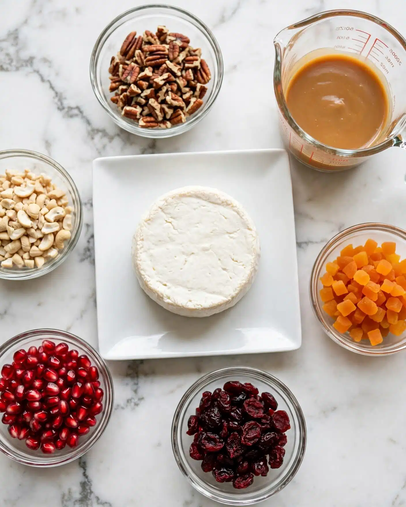 A round white cheese wheel sits in the middle on a white square plate, surrounded by five small clear glass bowls. Starting from the top and moving clockwise, the first bowl holds chopped pecans with brown and light tan colors and rough texture. Next to it, a clear measuring cup filled with light brown smooth caramel sauce. Below that is a bowl of small diced orange dried apricots with a chewy texture. Next is a bowl of dark red dried cranberries with a wrinkled surface. Then there is a bowl of bright red pomegranate seeds with a shiny, smooth texture. Lastly, a bowl of ivory-colored chopped cashews with a slightly rough texture. All items are set on a white marbled surface. photo taken with an iphone --ar 4:5 --v 7