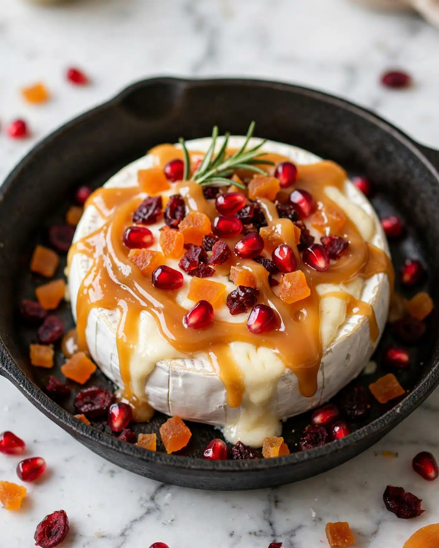 A close-up of a round wheel of soft white cheese in a dark cast iron pan on a white marbled texture. The cheese is topped with a thick drizzling of golden caramel sauce and scattered with bright red pomegranate seeds and chopped dried fruits in orange and dark red colors. Around the cheese, there are more pieces of dried fruit and pomegranate seeds. On top, there is a small sprig of fresh green rosemary, adding a touch of green contrast. The dish looks warm and inviting, with a mix of smooth, juicy, and crunchy textures. photo taken with an iphone --ar 4:5 --v 7