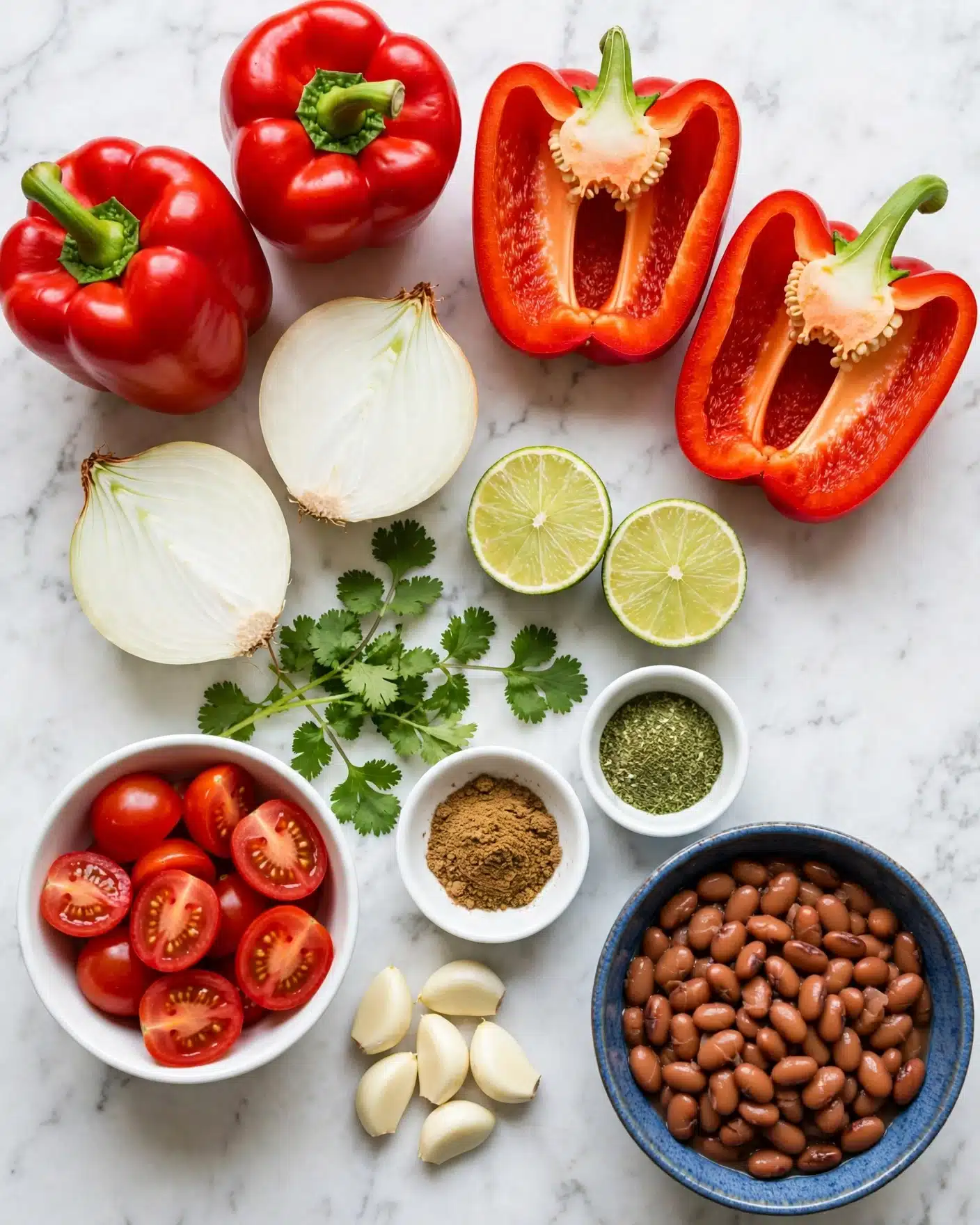 The image shows fresh red bell peppers, some whole and some cut in half to show the smooth, shiny, red inner flesh with white ribs inside. The peppers are placed on a white marbled surface. Around them, there are halved white onions with their layered, smooth white interiors facing up. There are fresh green herbs, likely cilantro, and two halves of lime with bright green skin and juicy, pale green insides. Nearby are small white dishes containing ground spices with brown and green shades. Small cherry tomatoes, cut in half with bright red shiny skin and juicy interiors are in a white bowl. There are also cloves of peeled garlic and a blue bowl filled with brown cooked beans. The colors are fresh and vibrant, all arranged neatly as ingredients. Photo taken with an iphone --ar 4:5 --v 7