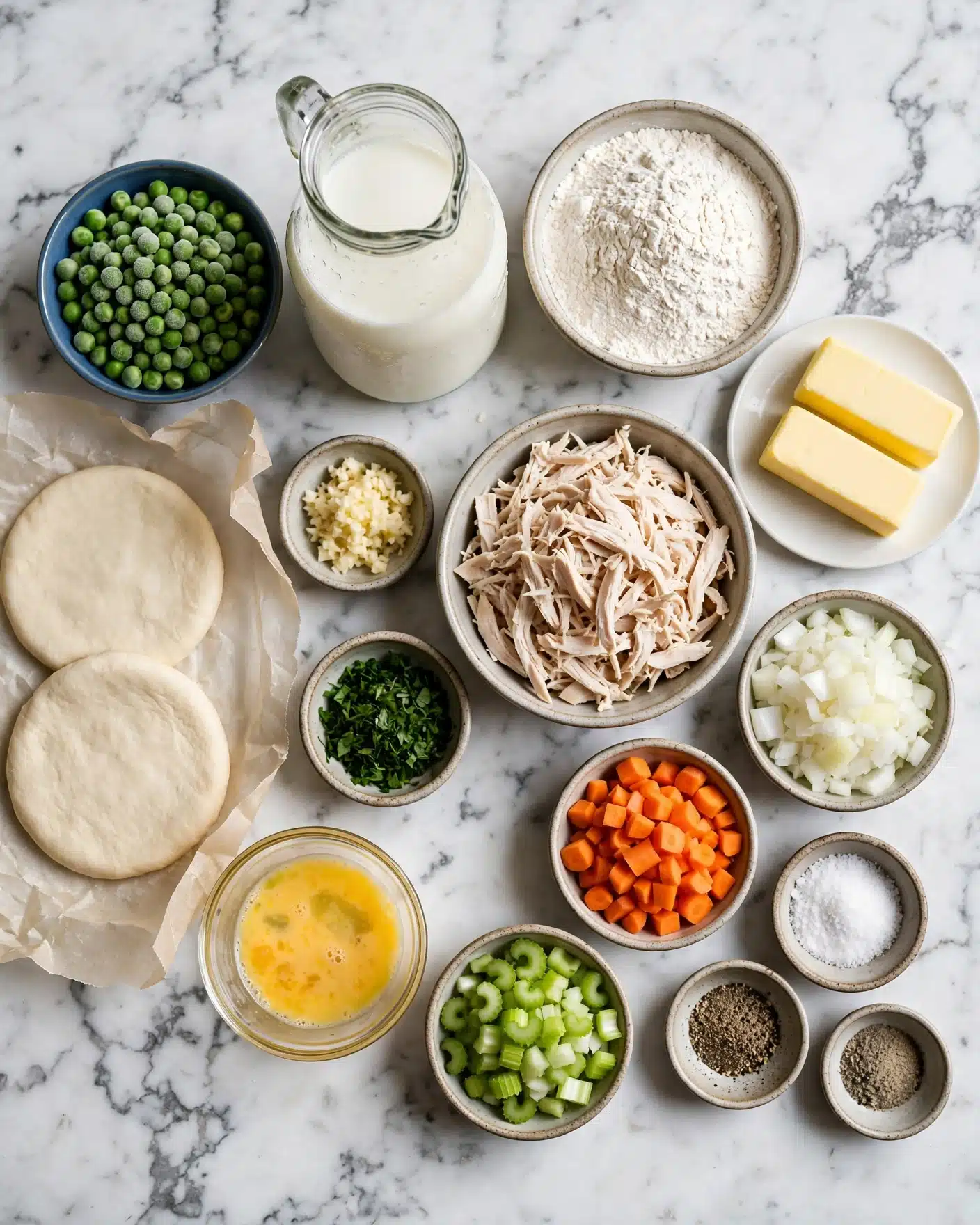 Easy Chicken Pot Pie Recipe 4 A top view of various cooking ingredients arranged neatly on a white marbled surface, including two round flattened dough pieces on parchment paper to the left, a bowl filled with small green frozen peas, a clear glass jug of white milk, a small bowl of minced garlic, and a small bowl of chopped green herbs. In the center, a bowl holds shredded light-colored cooked chicken, surrounded by a round bowl of white flour, a white plate with two rectangular yellow butter sticks, and smaller bowls containing white chopped onions, orange chopped carrots, chopped green celery, coarse salt, ground black pepper, and a small bowl of ground pepper. There is also a small glass bowl with a beaten yellow egg mixture. Photo taken with an iphone --ar 4:5 --v 7