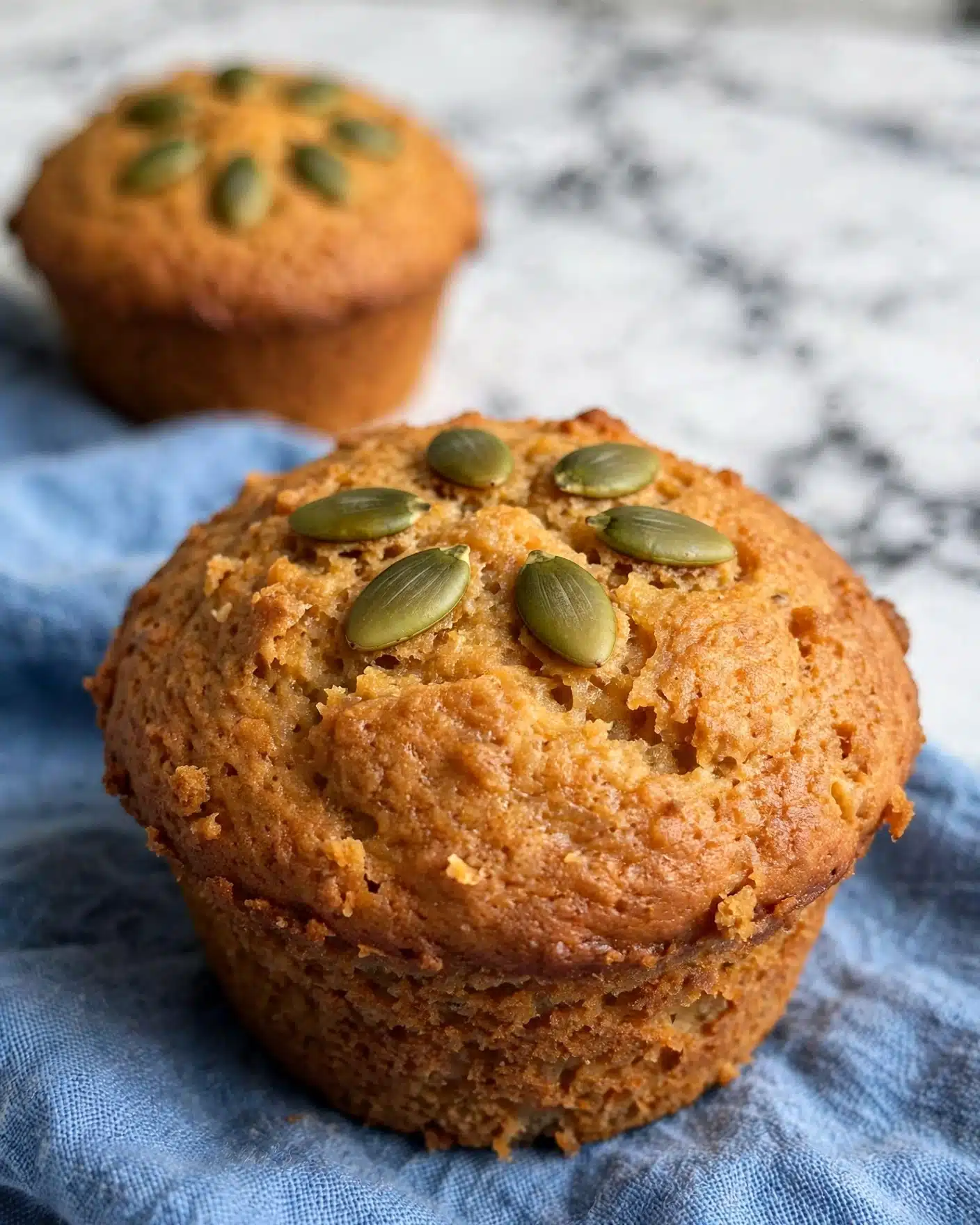 Dairy-Free Pumpkin Muffins Recipe 5 The image shows a close-up of a golden brown muffin with a slightly rough top texture, decorated with six green pumpkin seeds arranged in a circular pattern on top. The muffin has a rounded dome shape and a moist, spongy look to its surface, indicating it is freshly baked. The background features a white marbled texture with a blue cloth underneath the muffin. Another similar muffin is visible in the blurred background. photo taken with an iphone --ar 4:5 --v 7