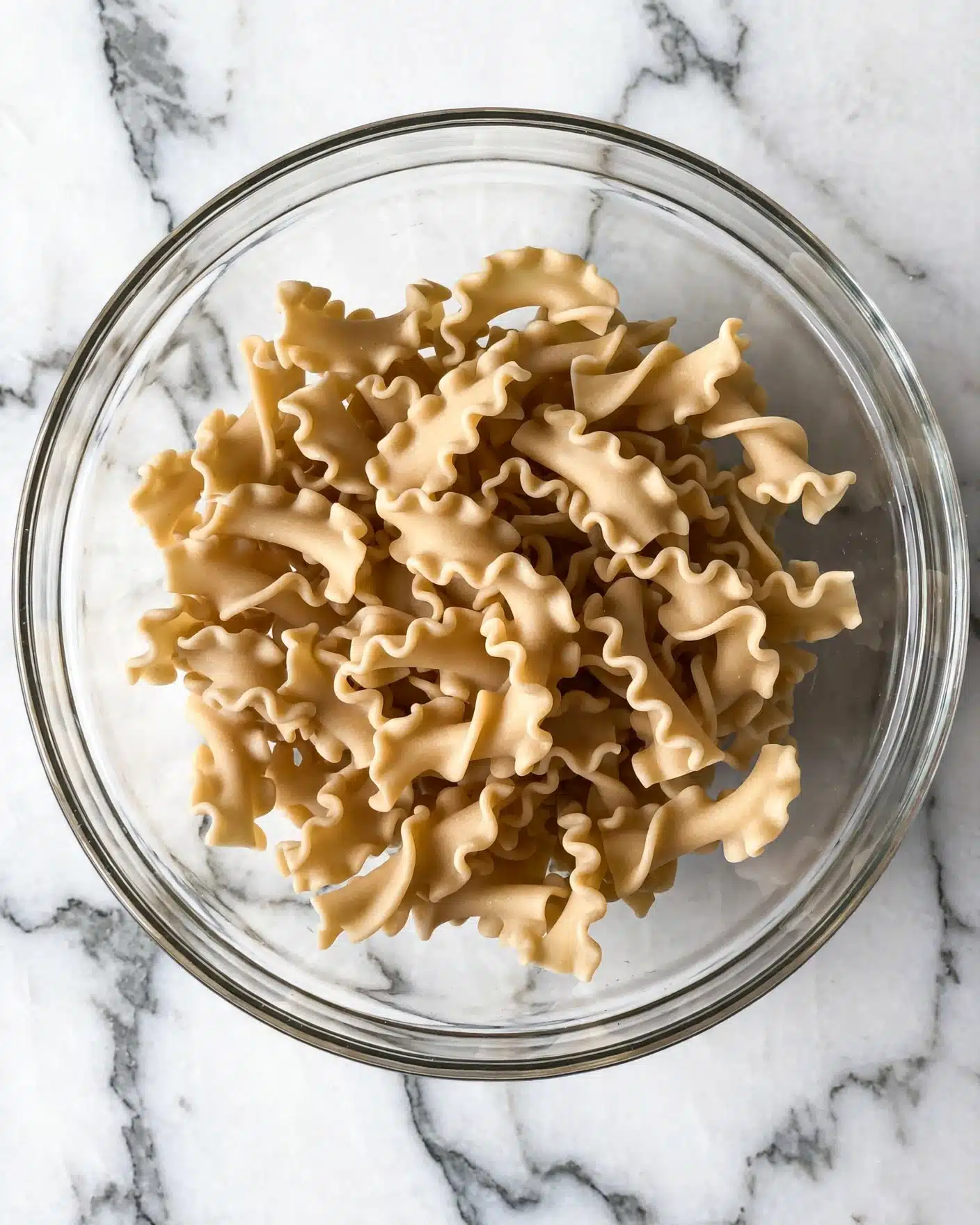 A clear glass bowl filled with many curled, light tan pasta pieces that have a smooth, slightly matte texture. The pasta pieces are loosely layered with their edges curving in different directions, creating a wavy, ruffled look. The bowl is placed on a white marbled surface with grey veining, adding a clean and bright background to the image. photo taken with an iphone --ar 4:5 --v 7