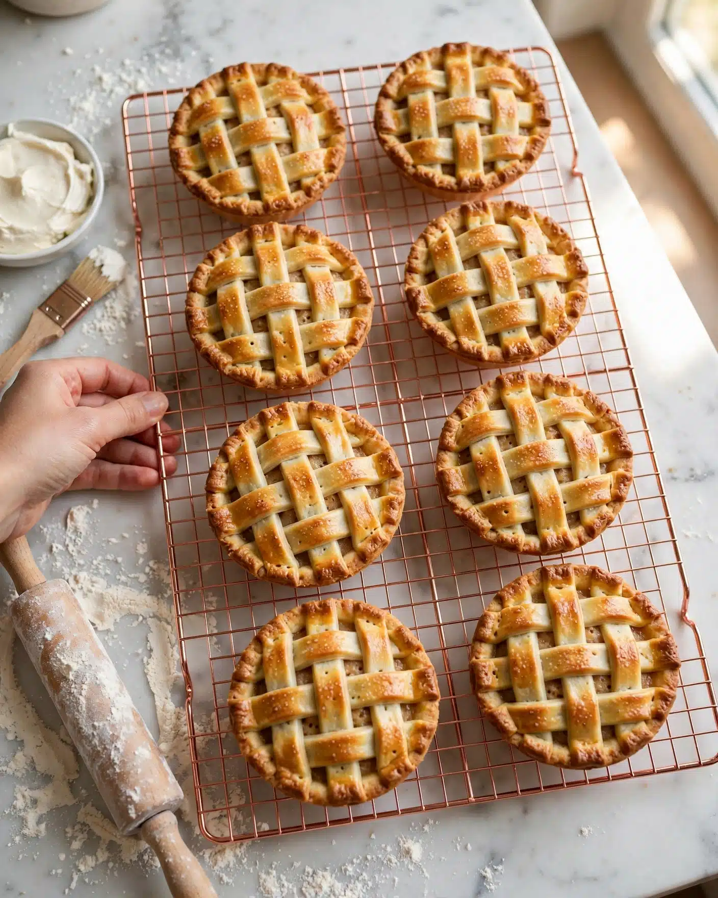 The image shows eight small round pies with golden-brown lattice tops made of thick pastry strips in a crisscross pattern. The pies are on a rose gold cooling rack placed on a white marbled surface. To the left, there is a white dish with some white spread or cream and a wooden brush. A rolling pin dusted with flour and some flour scattered on the surface are also visible. Part of a woman's hand is seen holding the rack. The scene has soft natural light coming from the right side. photo taken with an iphone --ar 4:5 --v 7