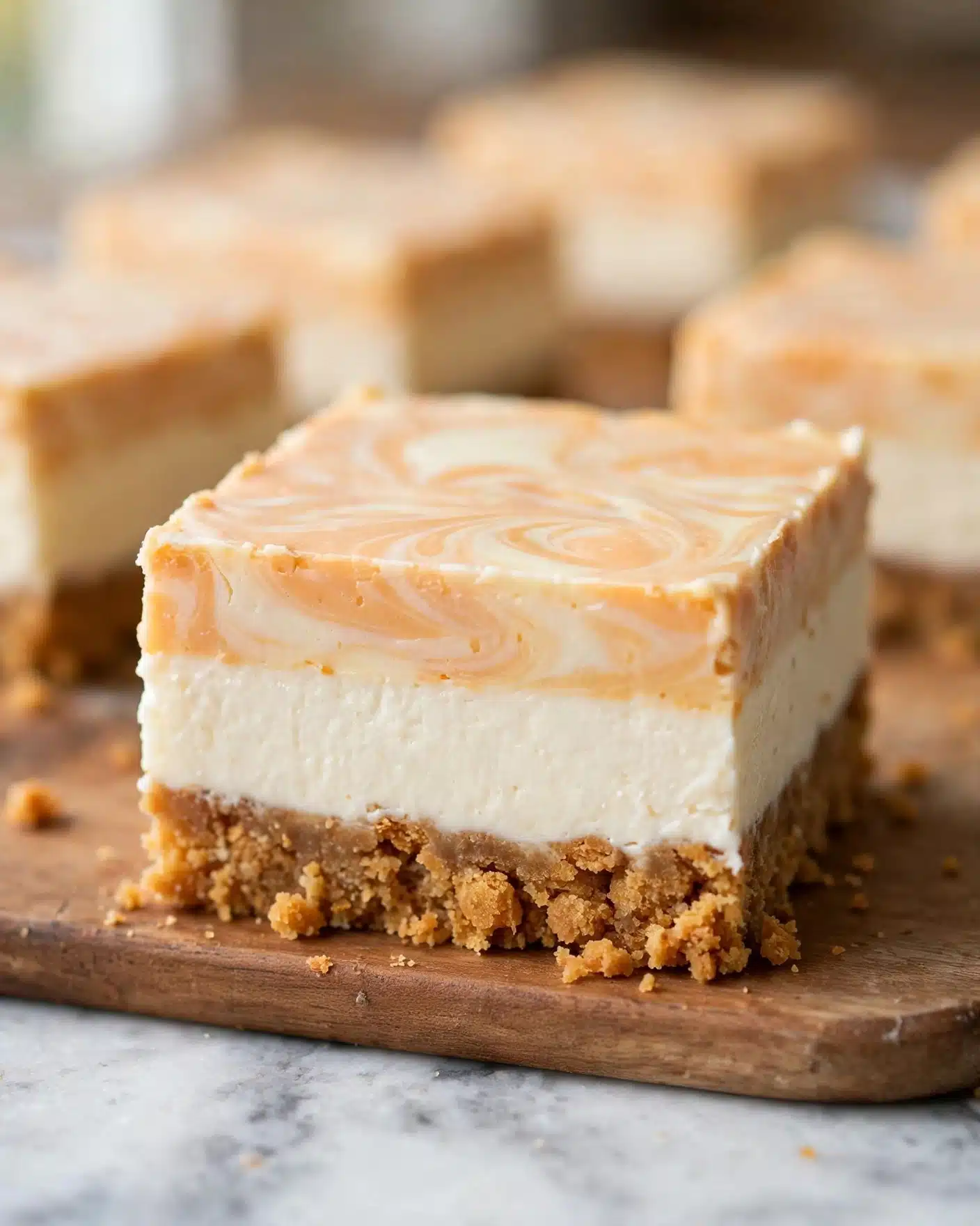 Pumpkin Cheesecake Bar Recipe 5 A close-up of a square dessert bar with three clear layers, placed on a wooden board over a white marbled surface. The bottom layer is a crumbly, golden-brown crust with a rough texture. Above it is a thick creamy white layer, smooth and dense. Topping this is a thinner, marbled layer of light orange and cream swirls that look soft and smooth. The dessert is cut cleanly with straight edges, and more pieces are blurred in the background, creating a warm and inviting scene. Photo taken with an iphone --ar 4:5 --v 7
