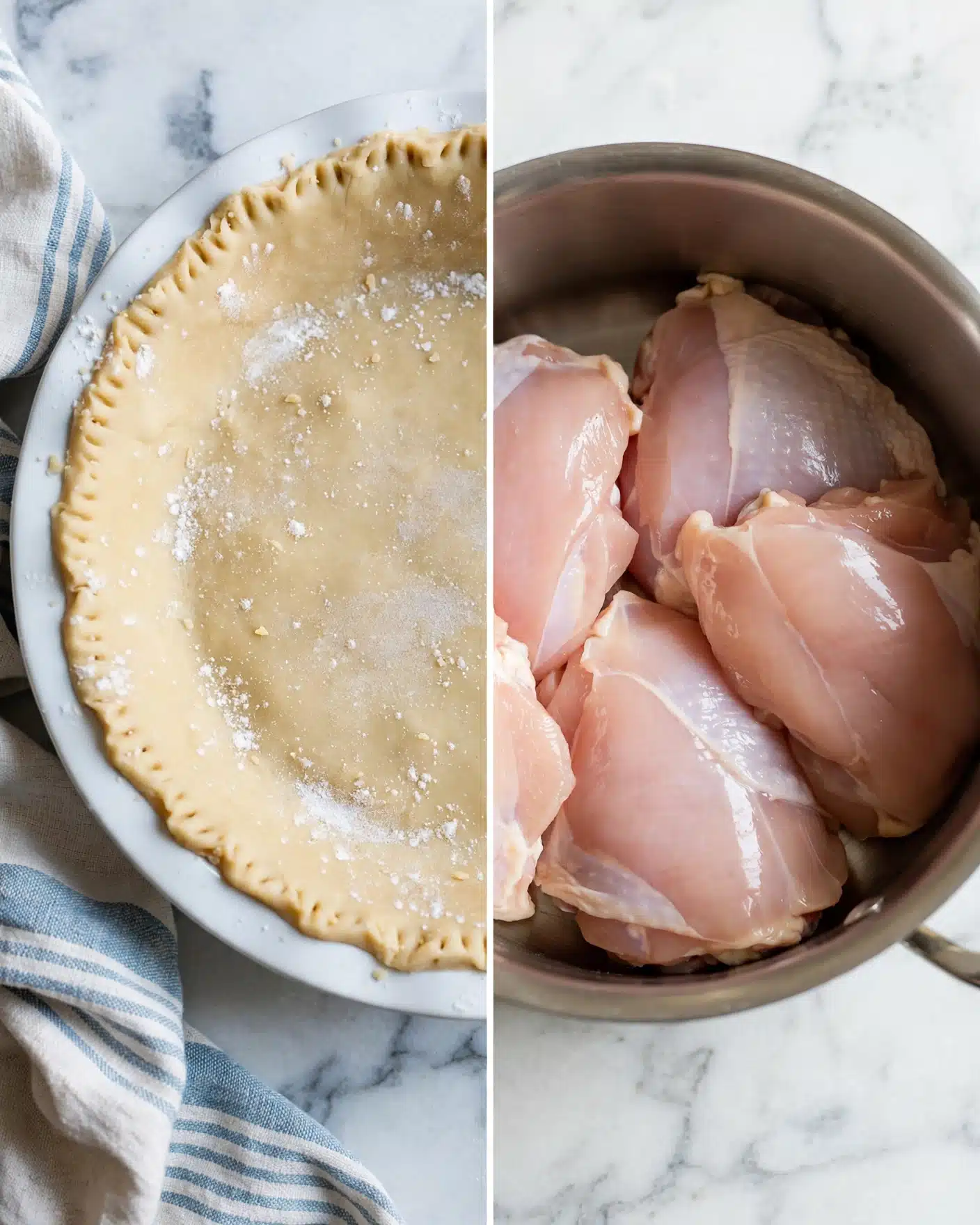Homemade Chicken Pot Pie Recipe 4 The image shows two separate parts side by side. On the left, there is a pie crust inside a white pie dish, with a finely crimped edge around the top. The crust is raw, light beige in color, with some flour dust on the surface and edges. The dish sits on a white marbled surface, next to a striped cloth. On the right, there are several pieces of smooth, raw chicken placed in a silver pot. The chicken is pale pink with a moist texture, arranged loosely inside the pot, which also rests on the white marbled surface. photo taken with an iphone --ar 4:5 --v 7