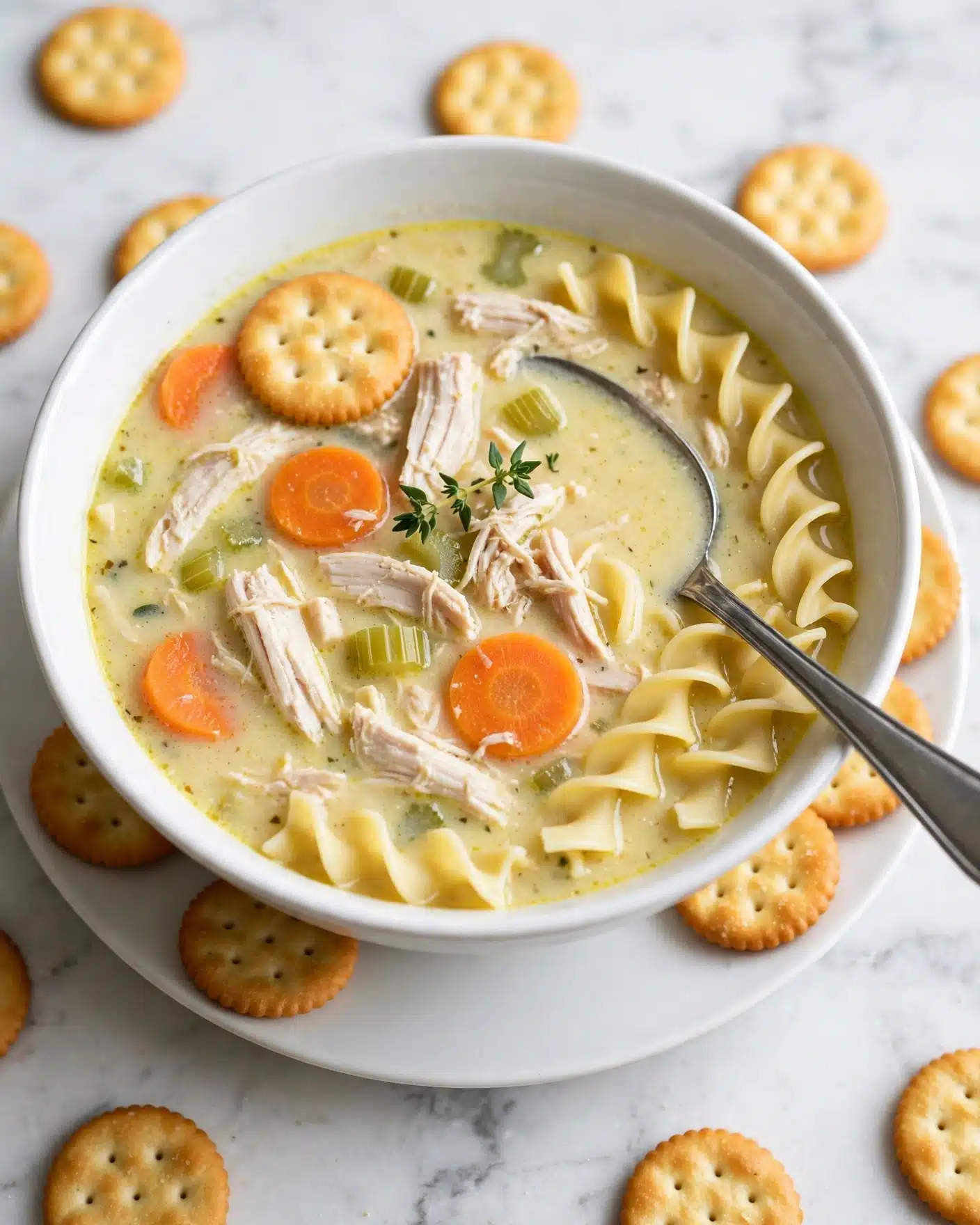 A white bowl sits on a white plate filled with light yellow creamy soup that has visible chunks of white shredded chicken, orange carrot slices, green celery pieces, and pale yellow noodles curled at the edge. Round golden crackers are scattered around the plate and one cracker floats on top. A small green sprig of thyme rests on top of the soup. A silver spoon is partially inside the bowl. The surface underneath has a white marbled texture. photo taken with an iphone --ar 4:5 --v 7