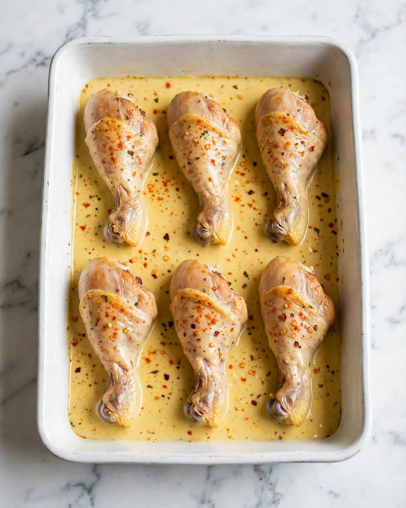A white rectangular baking dish on a white marble surface holds six chicken drumsticks partly covered in a thick creamy yellow sauce. The drumsticks are spaced apart, and the sauce fills the bottom of the dish with a smooth texture, speckled lightly with orange-red spices on top of the chicken and sauce. The drumsticks have a pale brown skin, and the sauce surrounds the base of each one, creating a subtle contrast in color. Photo taken with an iphone --ar 4:5 --v 7