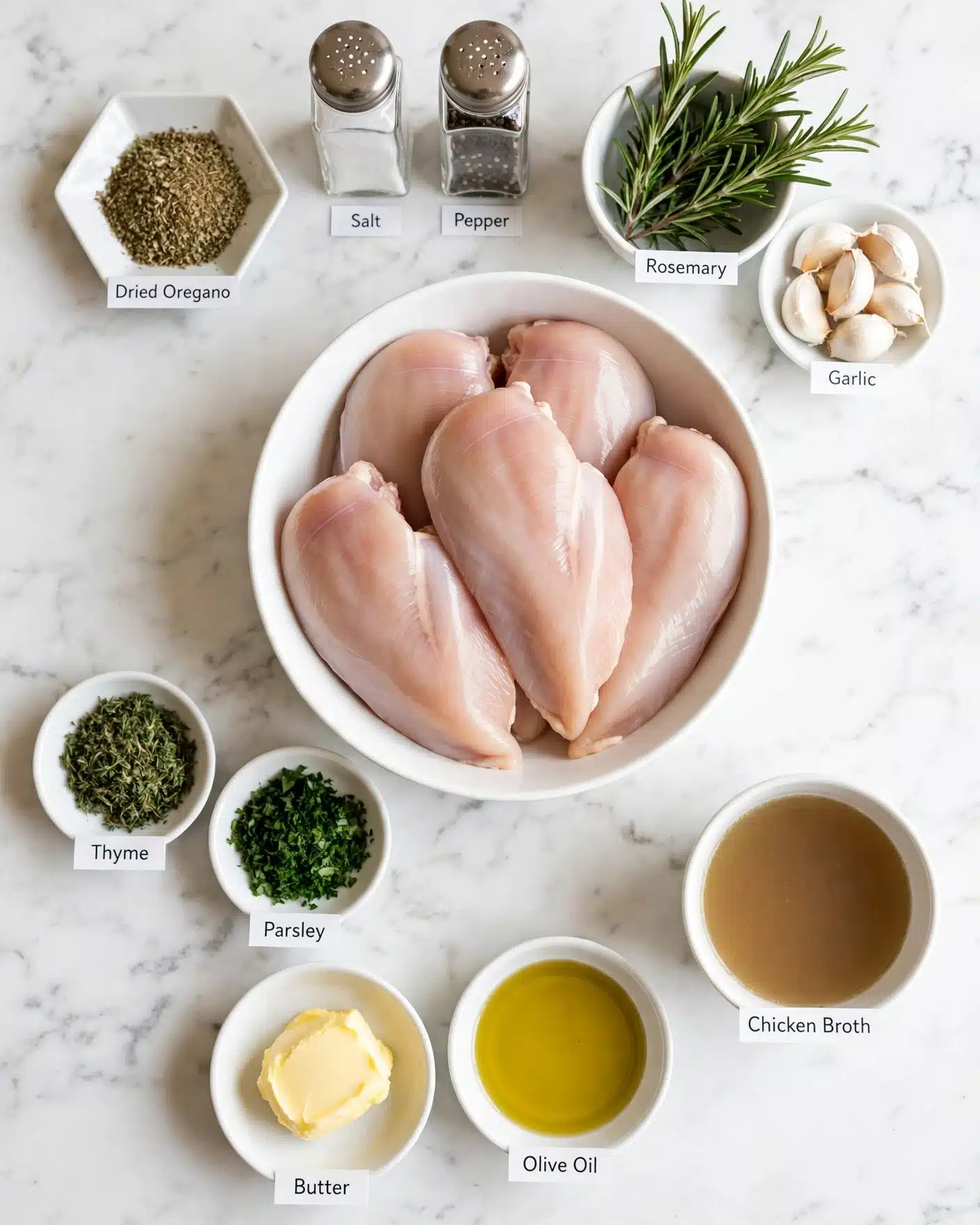 The image shows a white bowl filled with several pieces of raw chicken breasts that are light pink and smooth in texture, placed on a white marbled surface. Surrounding the bowl are small white dishes with different ingredients: at the top left is a white hexagonal dish with dried oregano, next to it are two glass salt and pepper shakers. To the right of those is a small white bowl with fresh rosemary sprigs, and next to it a white dish with whole garlic cloves. Below, there are two white bowls with chopped green thyme and parsley. Further down, two round white bowls hold a smooth yellow butter dollop and golden olive oil. To the right is a white bowl with light brown chicken broth. The setup is clean and bright with clear labeling on each ingredient. photo taken with an iphone --ar 4:5 --v 7