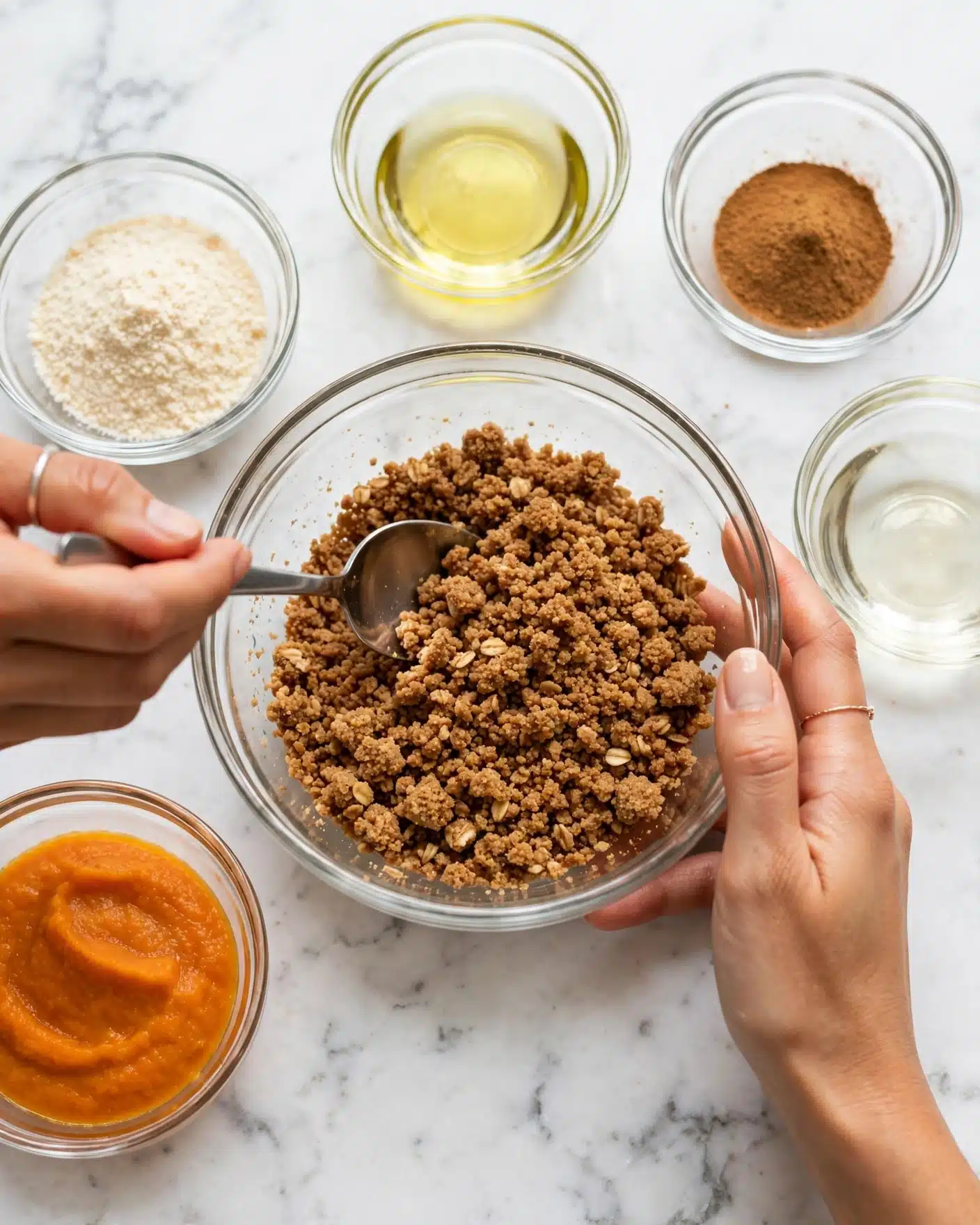 Pumpkin Cheesecake Bar Recipe 4 A clear glass bowl filled with a brown crumbly mixture is in the center, held by a woman's hand on the right side, while another woman's hand uses a spoon to stir or scoop the mixture on the left side. Around the bowl are small clear bowls, one with an orange smooth puree and others containing different liquids and powders. The scene is placed on a white marbled surface, giving a clean and bright background. photo taken with an iphone --ar 4:5 --v 7