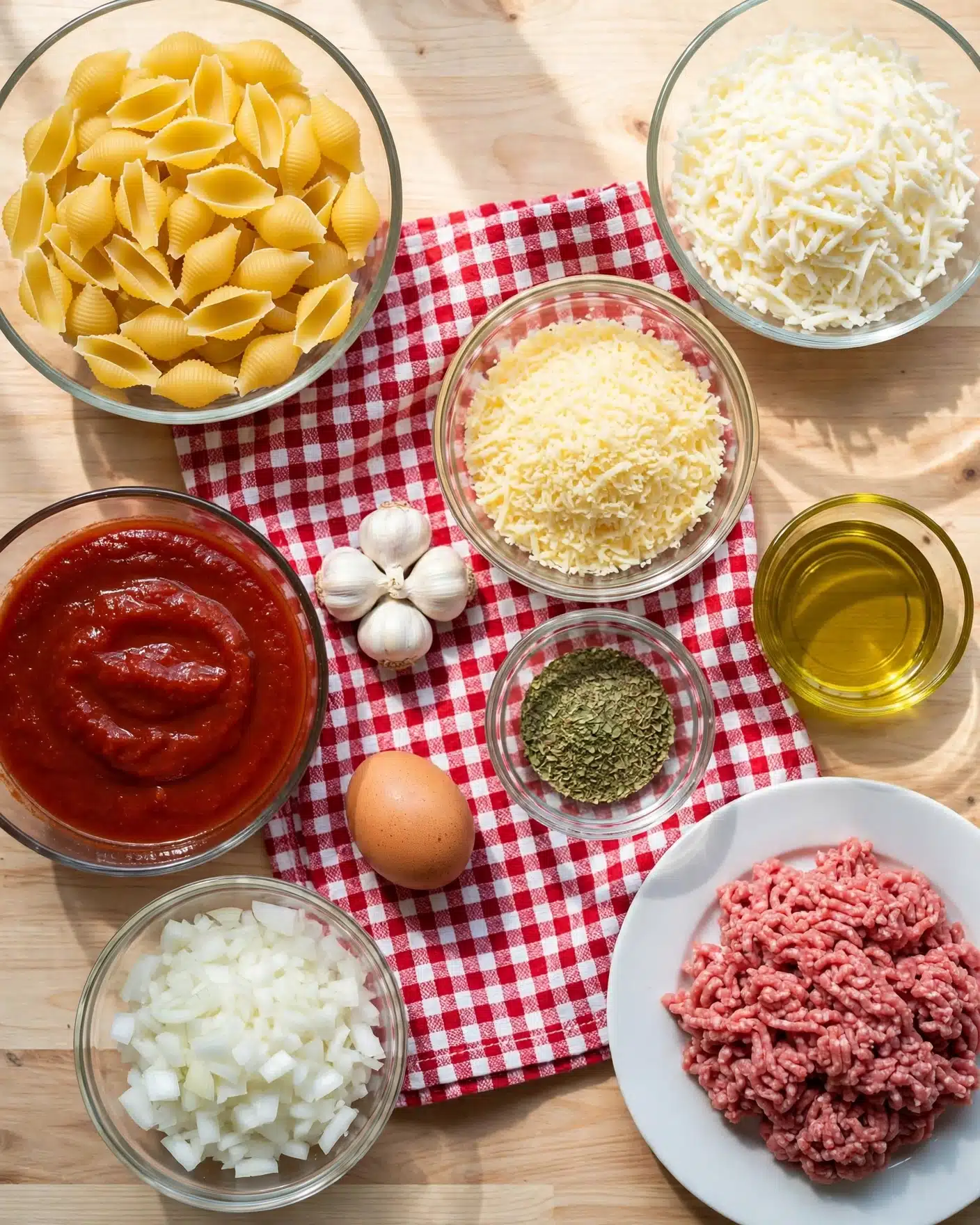 Baked Stuffed Shells Recipe 4 The image shows several clear glass bowls and one white plate arranged on a light wooden surface with a red and white checkered cloth in the middle. The bowls hold different ingredients: yellow uncooked pasta shells in the top left, shredded white cheese at the top right, a rich red tomato sauce at the bottom left, grated pale-yellow cheese near the center, a small bowl of green dried herbs below it, chopped white onions at the bottom left, and a small glass with golden olive oil to the right of the cloth. In the center, there is a single brown egg and three small white garlic bulbs. The white plate on the bottom right holds raw ground meat with a pinkish color and a slightly coarse texture. photo taken with an iphone --ar 4:5 --v 7