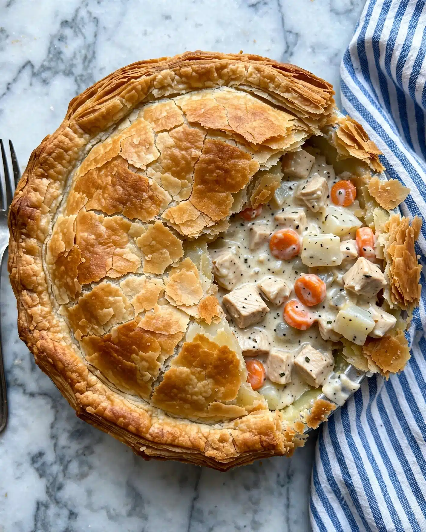 A round white plate holds a chicken pot pie with a thick, golden brown flaky crust on top, slightly cracked open, showing the creamy filling inside. The filling has chunks of white chicken, orange carrot pieces, and light yellow potato cubes mixed in a smooth, pale creamy sauce with small green herb flecks. The crust edges are flaky and uneven, with bits falling slightly over the plate edge. The background is a white marbled surface with a blue and white striped cloth partially under the plate. photo taken with an iphone --ar 4:5 --v 7
