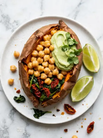 Stuffed Sweet Potatoes with Chickpeas, Sun-Dried Tomatoes, and Spinach Recipe