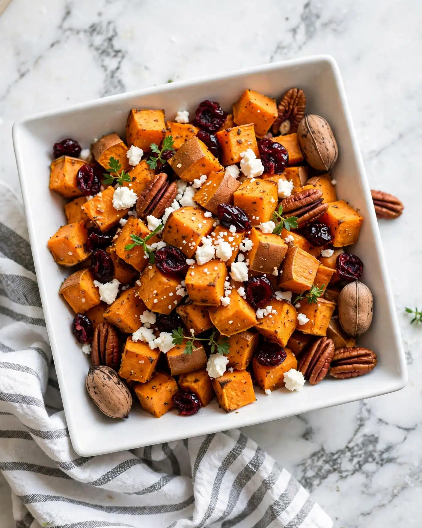 The dish is served in a square white bowl filled with bright orange roasted pumpkin cubes, each with a soft and slightly rough texture. Scattered on top are dark brown pecan halves, a few small bright red dried cranberries, and crumbled white cheese, adding a creamy texture. Small green sprigs of herbs, likely thyme, are evenly placed over the top, giving a fresh touch. The background is a white marbled surface with a blue and white striped cloth partially visible on the side. Photo taken with an iphone --ar 4:5 --v 7