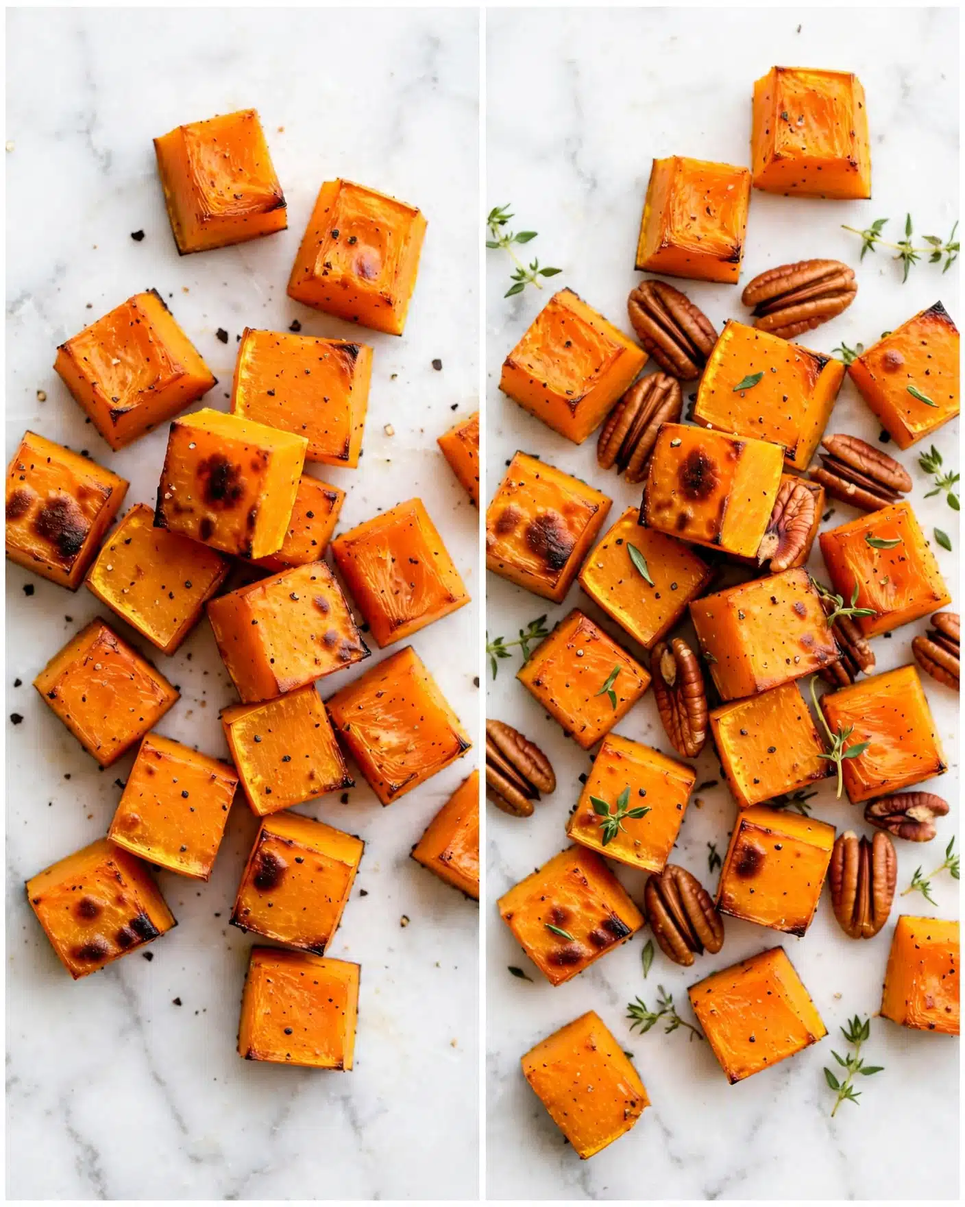 The image shows two close-up photos side by side of roasted orange sweet potato cubes. The left photo has sweet potato cubes scattered on a white marbled texture with seasoning visible on them, each cube showing a slightly crispy, browned surface. The right photo has the same sweet potato cubes placed on a white marbled texture, mixed with brown pecan halves and sprinkled with small green herbs for garnish, creating a colorful and textured mix. photo taken with an iphone --ar 4:5 --v 7
