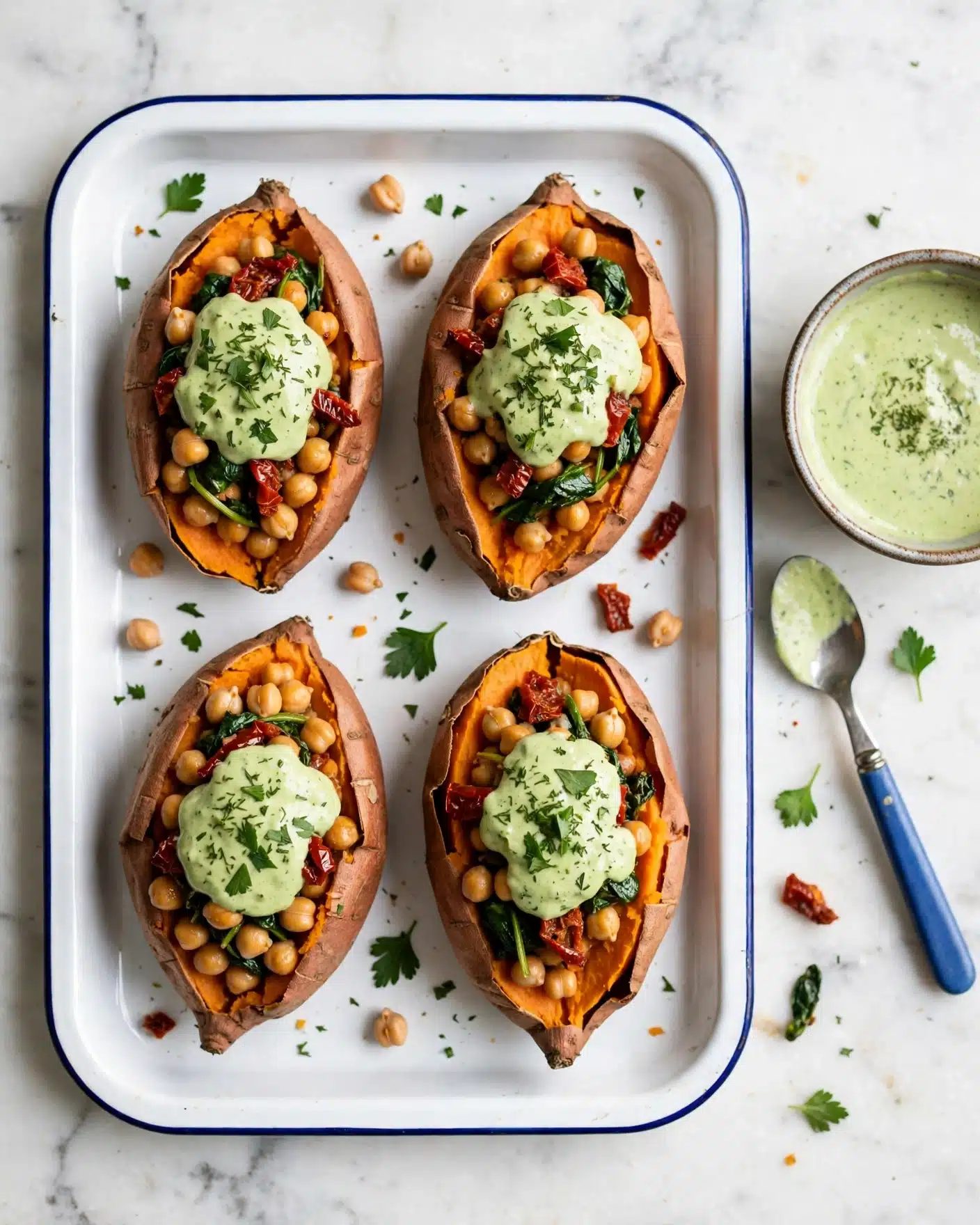 Four roasted sweet potatoes are placed on a white tray with a blue rim, each cut open lengthwise and filled with layers of chickpeas, sautéed spinach, and pieces of sun-dried tomatoes. On top of each potato filling is a dollop of green creamy sauce garnished with chopped fresh herbs. Some chickpeas and bits of spinach and sun-dried tomatoes are scattered around the potatoes on the tray, adding a natural, casual look. The tray is set on a white marbled surface and there is a bowl with more green sauce and a spoon with a blue handle to the right side. Photo taken with an iphone --ar 4:5 --v 7
