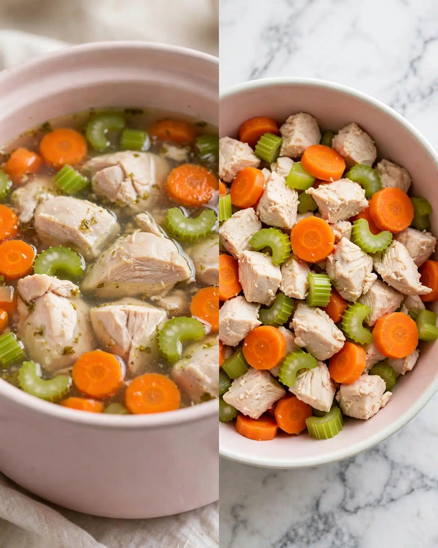 The image shows two parts: on the left is a white pot filled with clear water, with light pink pieces of chicken at the bottom layer, bright orange carrot slices in the middle layer, and pale green celery slices floating on the top layer; on the right is a white bowl containing the same ingredients mixed together, with large chunks of white chicken, round orange carrot slices, and green celery pieces all evenly spread on a white marbled surface photo taken with an iphone --ar 4:5 --v 7