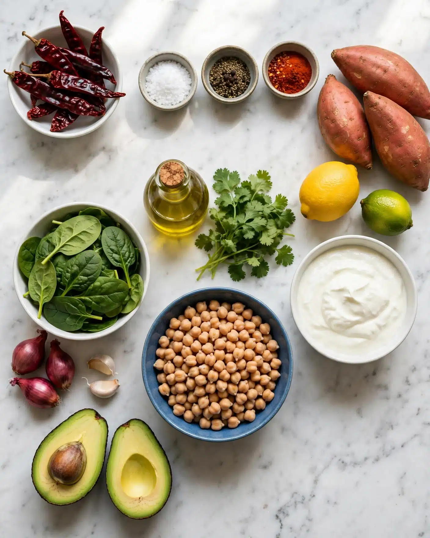 The image shows a collection of fresh ingredients on a white marbled surface. In the center left, a white bowl holds dried red chili peppers. Below it are three shallots with a light purple skin and two cloves of garlic. Next to these is a whole avocado and a halved avocado showing its green flesh and brown seed. Toward the center, a bowl filled with beige chickpeas sits beside a bottle of olive oil. A bunch of fresh green cilantro is above the chickpeas. To the right side are three large sweet potatoes with a reddish-brown skin, next to lemon and lime fruits. Below the sweet potatoes is a small white bowl of white creamy yogurt. At the bottom right, a white bowl is full of fresh dark green spinach leaves. Small white dishes with salt, black pepper, and red chili powder are placed close to the lemons and limes. Everything is laid out neatly and brightly lit. Photo taken with an iphone --ar 4:5 --v 7