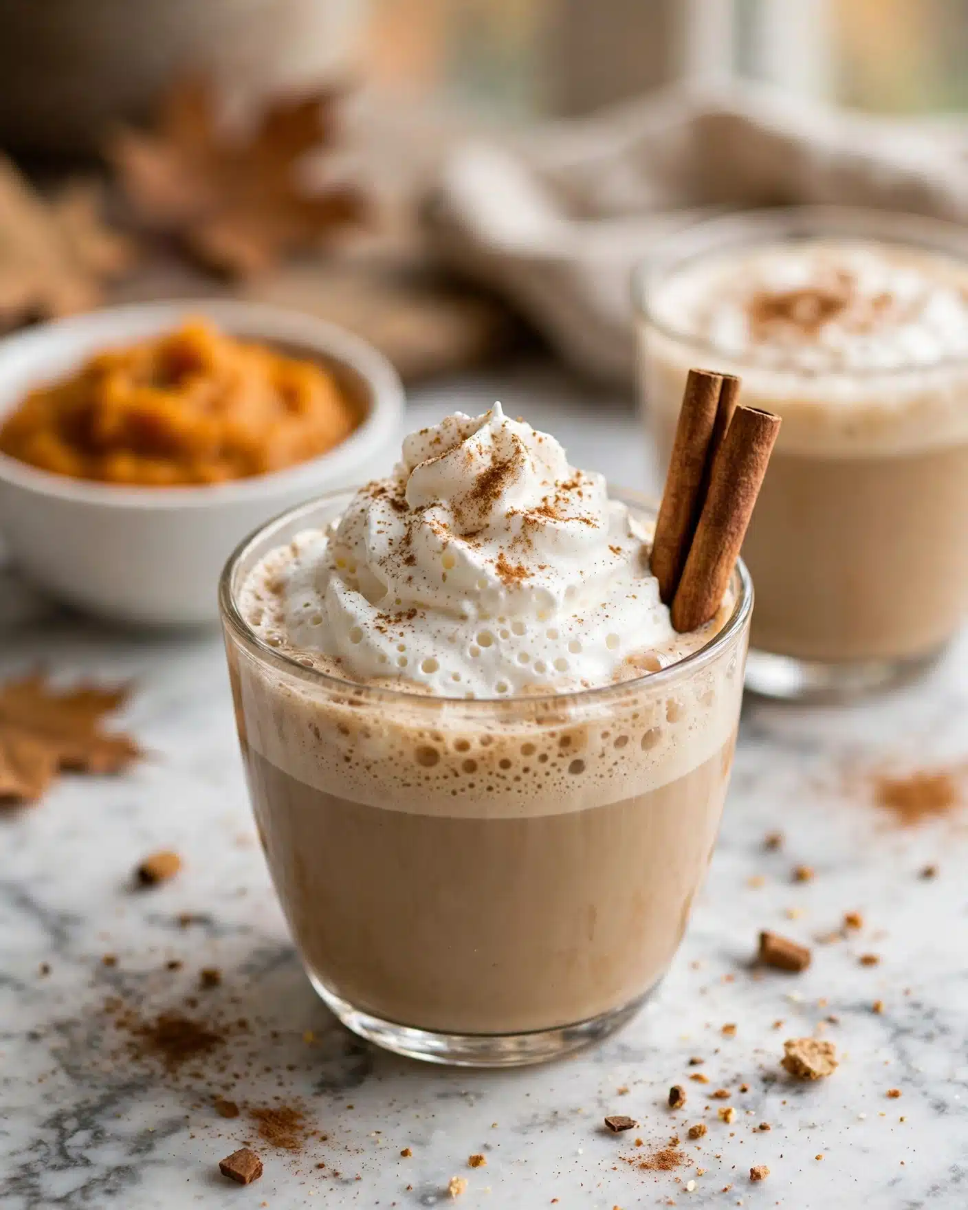 Homemade Pumpkin Spice Latte Recipe 5 A clear glass mug filled with a light brown creamy drink, topped with a large swirl of white whipped cream sprinkled with a light dusting of brown cinnamon powder. Two cinnamon sticks are placed upright on the right side of the whipped cream. The mug sits on a white marbled surface scattered with small brown spice bits. In the background, there is a second glass mug partially visible, as well as a small white bowl of bright orange pumpkin puree and some cinnamon sticks lying on the surface. The scene has soft, natural lighting that highlights the textures of the drink and whipped cream. photo taken with an iphone --ar 4:5 --v 7