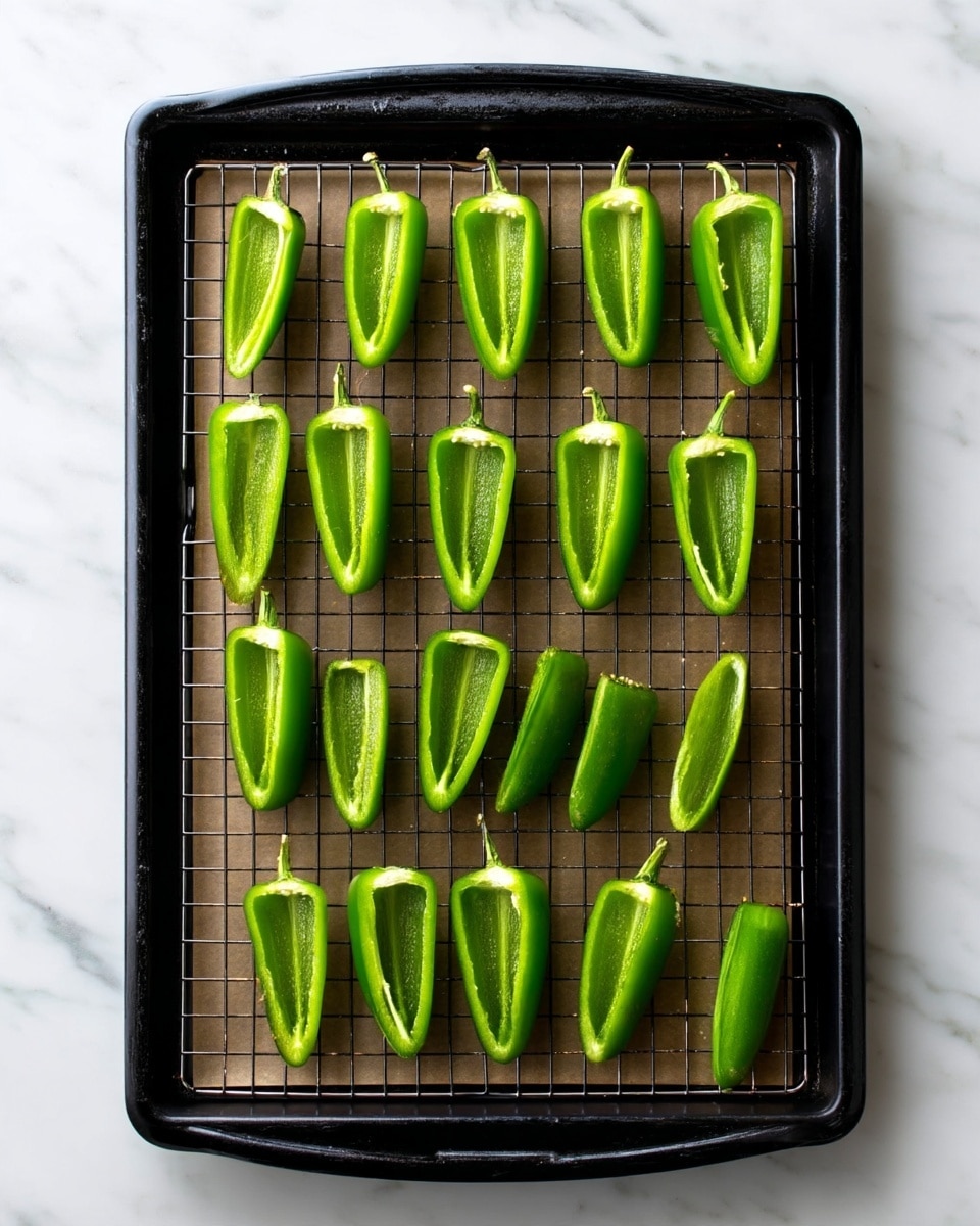 A black baking tray holds a wire rack lined with brown paper. On the rack, there are twelve bright green jalapeño pepper halves arranged in two rows of six. Each jalapeño half is hollowed out, showing the smooth green inner flesh and a bit of the white pith near the edges. The tray sits on a white marbled surface. photo taken with an iphone --ar 4:5 --v 7