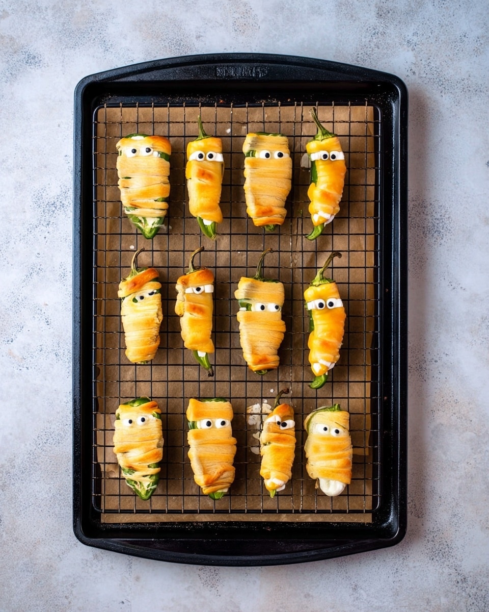 The image shows twelve small peppers wrapped in golden baked dough arranged in three rows on a black oven tray lined with brown paper and topped with a black wire rack. Each pepper has two small white and black candy eyes near the top, making them look like little creatures. The dough wrapping is uneven and spiral, showing the green tops and some of the pepper’s skin. The tray sits on a textured white marbled surface. Photo taken with an iphone --ar 4:5 --v 7