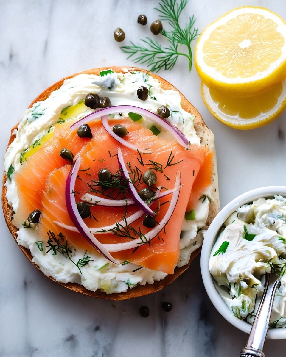 A white bagel toasted to a light brown color forms the base, topped with a thick, creamy layer of white spread mixed with green herbs covering the whole surface. On top of this, two thin, smooth slices of bright orange smoked salmon are neatly placed, partially folded. Thin slices of purple-red onion are arranged on the salmon, adding contrast along with small dark brown capers scattered around. Fresh green dill sprigs are lightly sprinkled over the top. To the right side, there is a halved bright yellow lemon with visible juicy segments on a white marbled texture. Next to it, a small white bowl filled with the same creamy herb spread has a silver knife resting inside, showing the soft texture of the spread. photo taken with an iphone --ar 4:5 --v 7