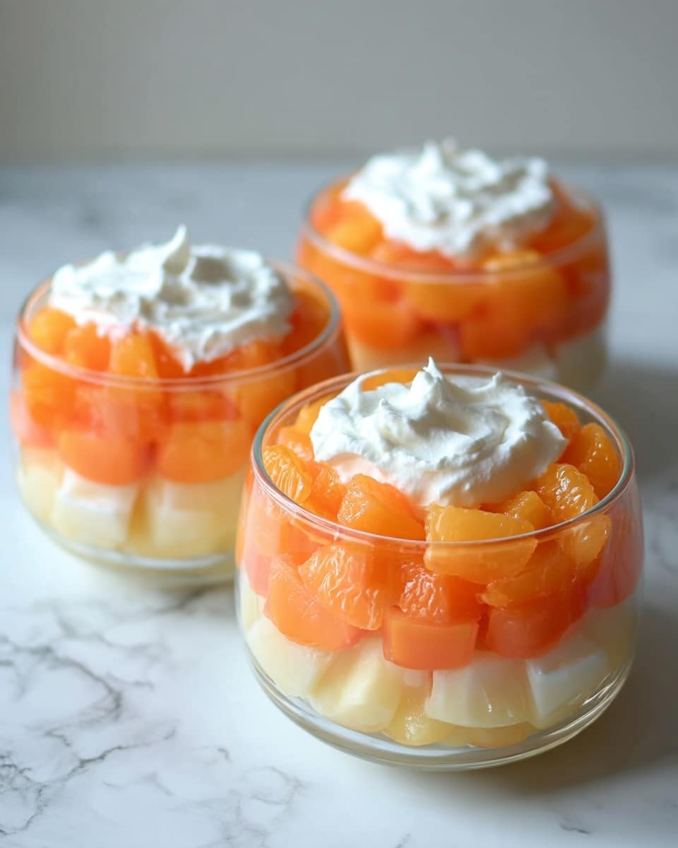 Three round clear glass bowls each show three layers of dessert. The bottom layer is pale yellow fruit chunks. The middle layer is bright orange fruit pieces. The top layer is white cream, spread smoothly and filling the bowls fully. The bowls are placed on a white marbled surface with a soft white background. Photo taken with an iphone --ar 4:5 --v 7