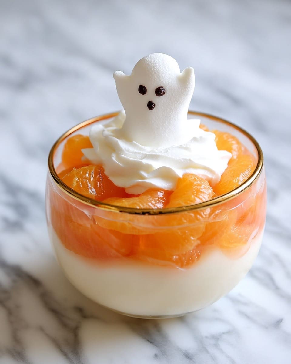 A clear round glass bowl shows a layered dessert placed on a white marbled surface. The bottom layer is creamy white pudding or custard with a smooth texture. Above it is a bright orange layer made of mandarin slices that are juicy and shiny. The top layer is thick white whipped cream, spread evenly and slightly fluffy. Sticking out of the whipped cream is a small white ghost-shaped marshmallow or candy with two small dark eyes and a round dark mouth. The glass has a golden rim around the top edge. Photo taken with an iphone --ar 4:5 --v 7
