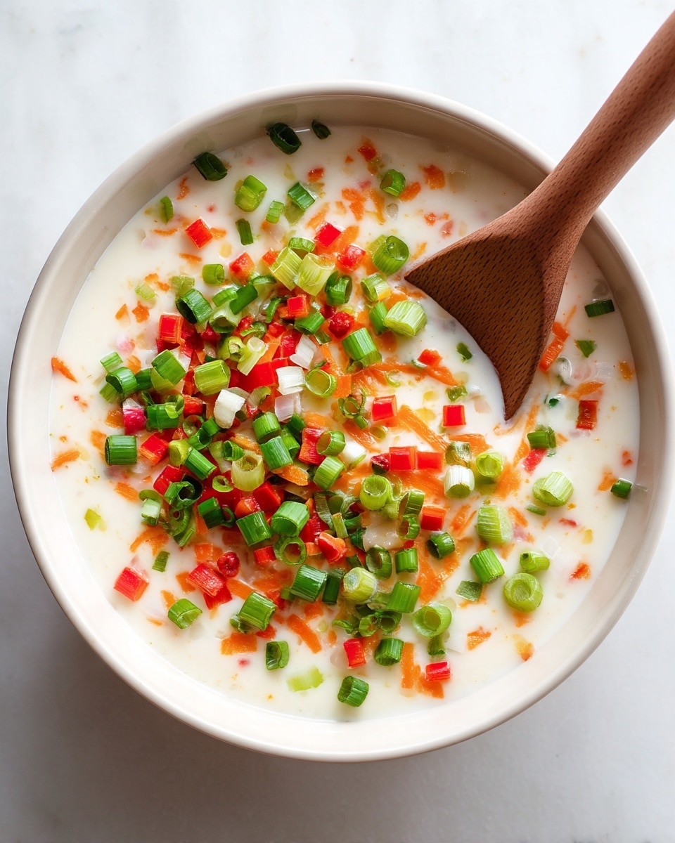 A white bowl filled with a thick, creamy white base topped with a colorful mix of finely chopped vegetables, including green onions, small red and white diced pieces, bright orange shredded carrot, and small red bell pepper chunks. A wooden spoon with a red silicone edge is partially buried in the creamy base on the right side of the bowl. The bowl sits on a white marbled surface. photo taken with an iphone --ar 4:5 --v 7