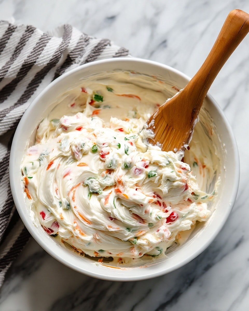A close-up of a thick, creamy white mixture in a white bowl with visible small pieces of red, green, and orange vegetables spread throughout. The texture looks smooth and fluffy with a few swirls and soft peaks. A wooden spatula with a red silicone head is resting inside the bowl, partially covered with the creamy mixture. The entire scene sits on a white marbled surface with part of a gray and white striped cloth visible on one side photo taken with an iphone --ar 4:5 --v 7