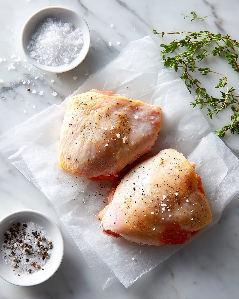 Two pieces of raw chicken thighs with skin on, lightly sprinkled with salt and pepper, rest on white parchment paper placed on a white marbled surface. To the left, there is a small white bowl filled with coarse salt next to some scattered salt and pepper, and on the right side, a small green herb sprig lies on the white marbled surface. The lighting is soft and natural, highlighting the texture of the chicken skin. Photo taken with an iphone --ar 4:5 --v 7