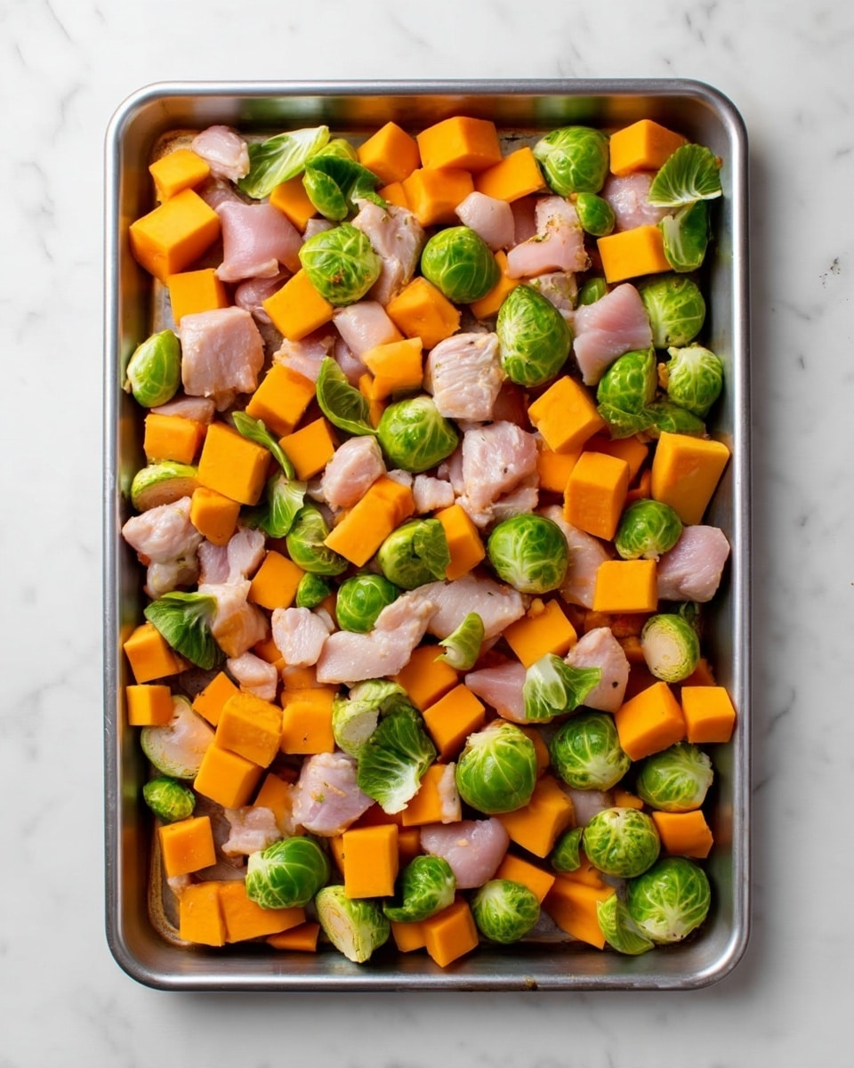A metal baking tray filled with three main layers spread evenly: raw pale pink chicken pieces cut into small chunks, bright orange cubes of butternut squash, and fresh green Brussels sprouts sliced in halves with their textured leaves visible. The ingredients are mixed together but still distinct, showing off their separate colors and textures. The baking tray rests on a white marbled surface. photo taken with an iphone --ar 4:5 --v 7