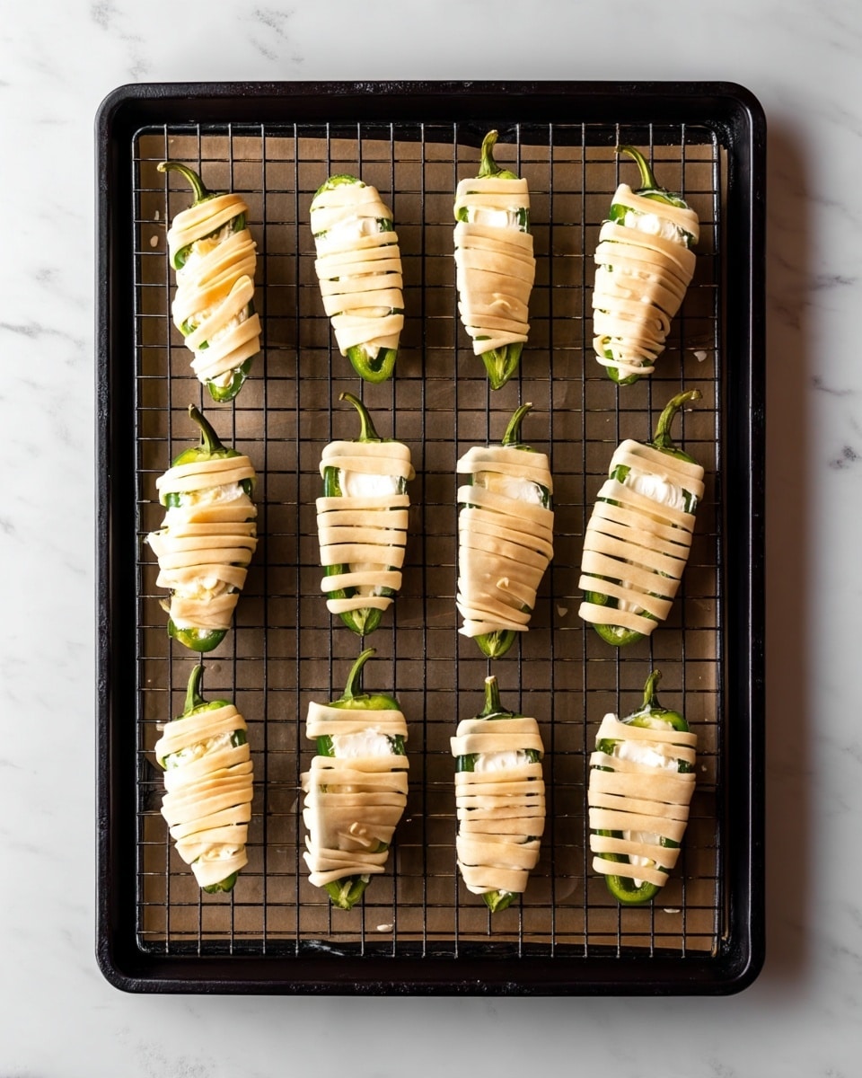 There is a black baking tray with a brown paper lining and a metal grid on top, holding 14 green jalapeño peppers arranged in three rows. Each jalapeño is stuffed with a white creamy filling, visible in small gaps. The peppers are wrapped with thin creamy-colored dough strips, creating a layered spiral pattern around them, leaving the green stems exposed at the top. The background is a white marbled surface. photo taken with an iphone --ar 4:5 --v 7