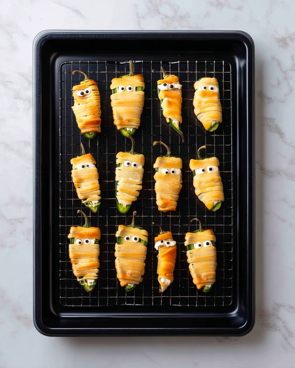 The image shows fourteen small jalapeño peppers arranged in two rows on a black wire rack inside a black baking tray. Each pepper is wrapped in light golden-brown dough strips that cover the middle and sides, leaving the green tops and stems partly visible. Two small, round white candy eyes with black centers are placed near the top of each pepper, giving them a fun, playful look. The baking tray is on a white marbled surface. The overall look is neat and charming, with the golden dough wrapping and green pepper parts standing out clearly. photo taken with an iphone --ar 4:5 --v 7