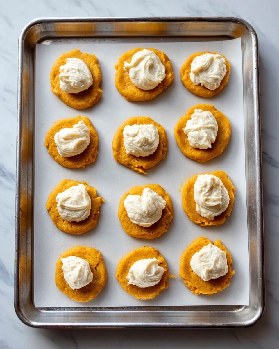Nine small, round orange dough pieces are evenly spread on a large baking sheet lined with white parchment paper. Each dough piece has a dollop of creamy white frosting thickly placed in the center. The dough looks soft and slightly rough in texture, while the frosting is smooth with some small swirls and peaks. The baking sheet edges are silver, and the background is a white marbled surface. photo taken with an iphone --ar 4:5 --v 7
